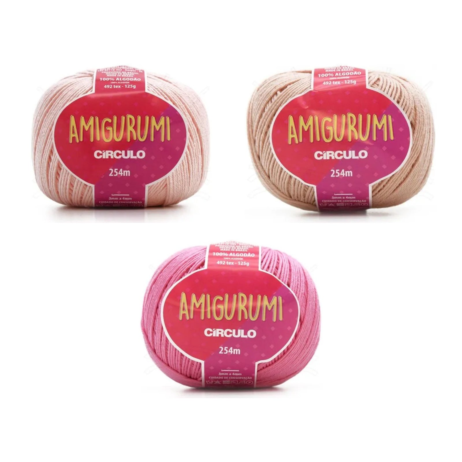 Kit Amigurumi 3 Novelos Macadâmia, Chantilly e Chiclete 125g e Acessórios