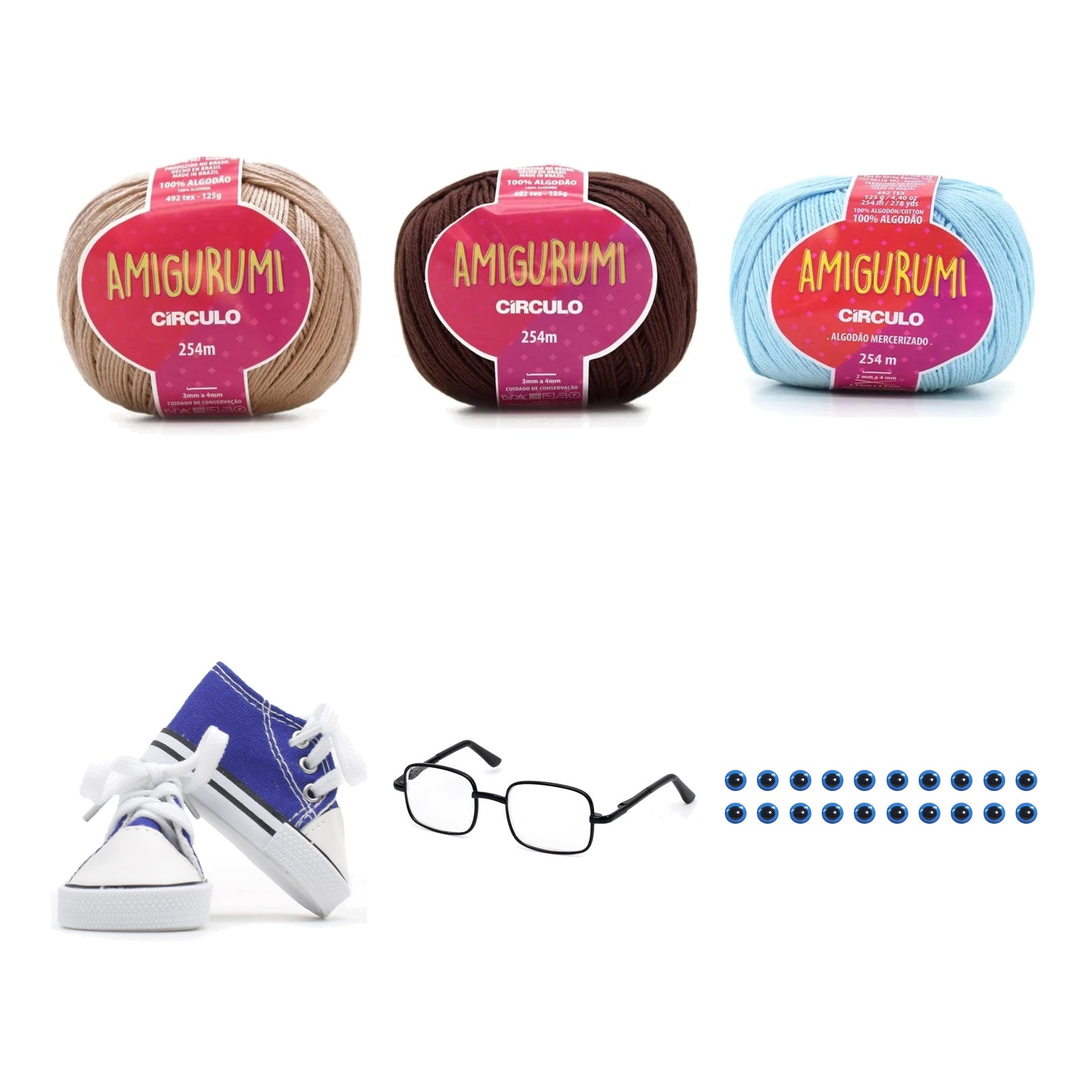 Kit Amigurumi 3 Novelos Amêndoa, Brigadeiro e Azul Candy 125g e Acessórios