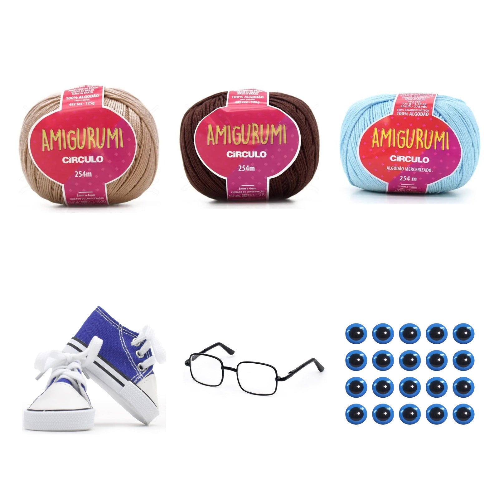 Kit Amigurumi 3 Novelos Amêndoa, Brigadeiro e Azul Candy 125g e Acessórios