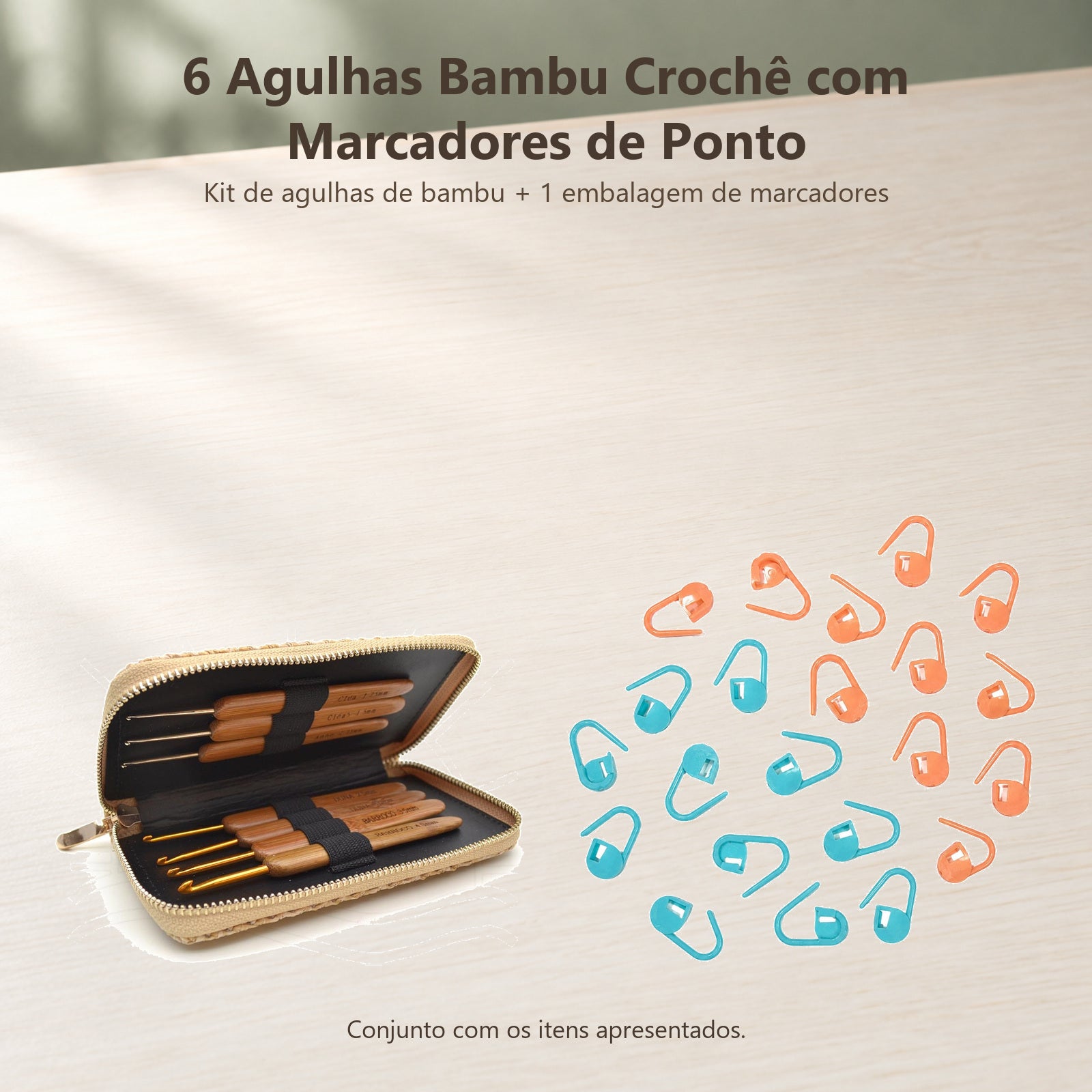Kit 6 Agulhas Cabo Bambu Crochê com Marcadores
