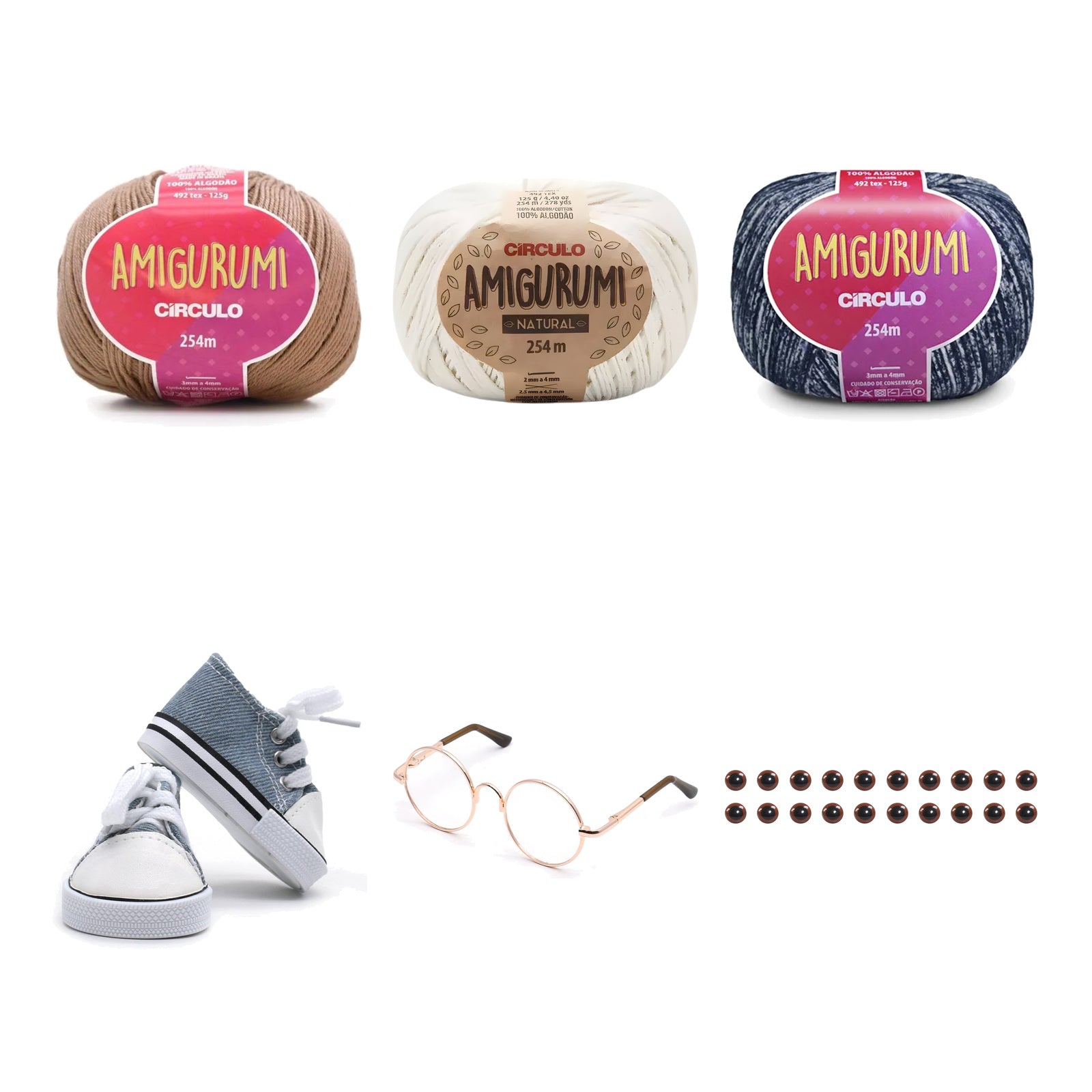 Kit Amigurumi 3 Novelos Castanha, Natural e Índigo 125g e Acessórios