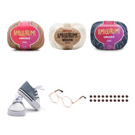 Kit Amigurumi 3 Novelos Castanha, Natural e Índigo 125g e Acessórios