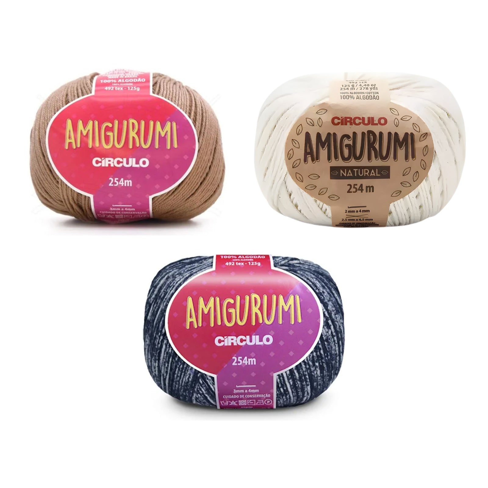 Kit Amigurumi 3 Novelos Castanha, Natural e Índigo 125g e Acessórios