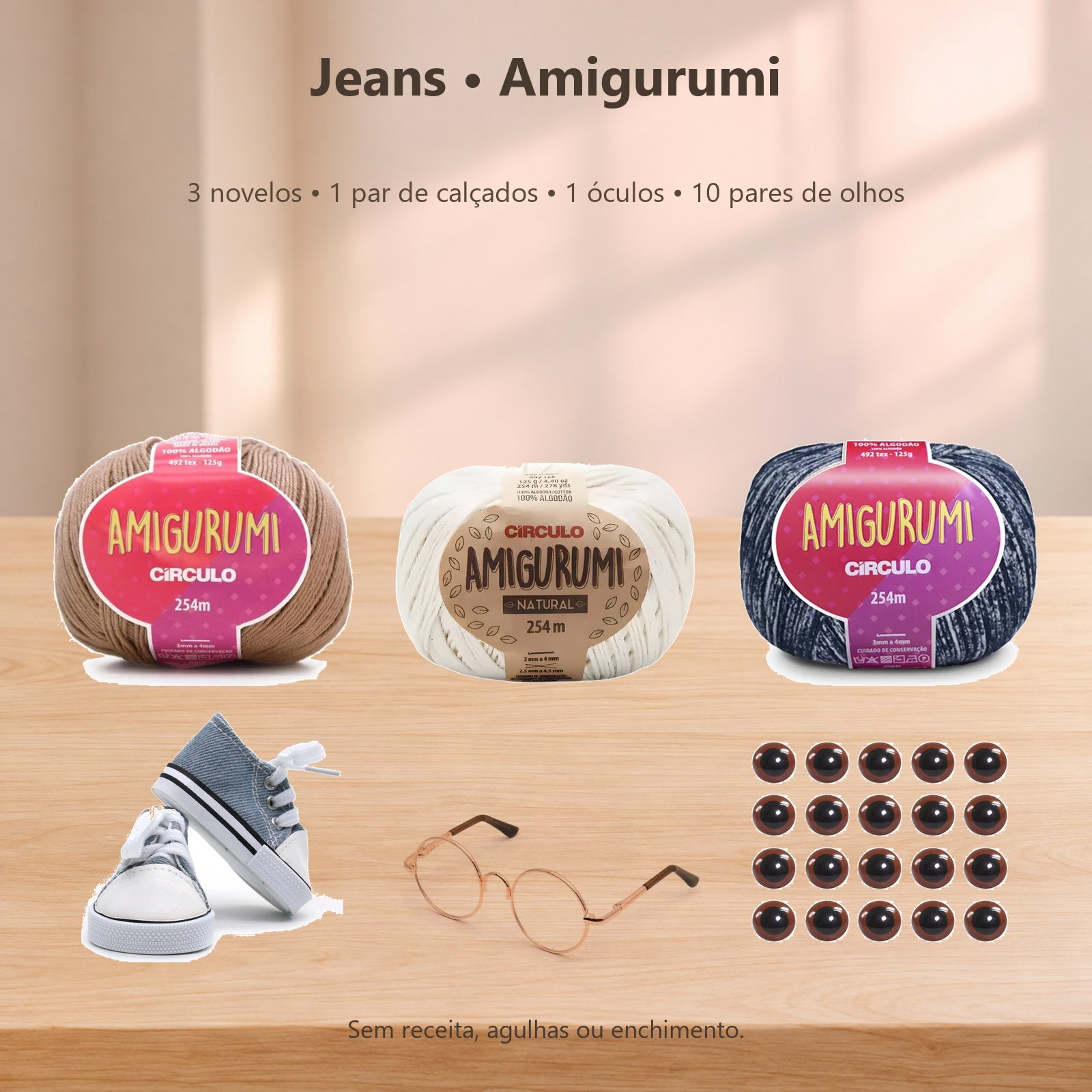 Kit Amigurumi 3 Novelos Castanha, Natural e Índigo 125g e Acessórios