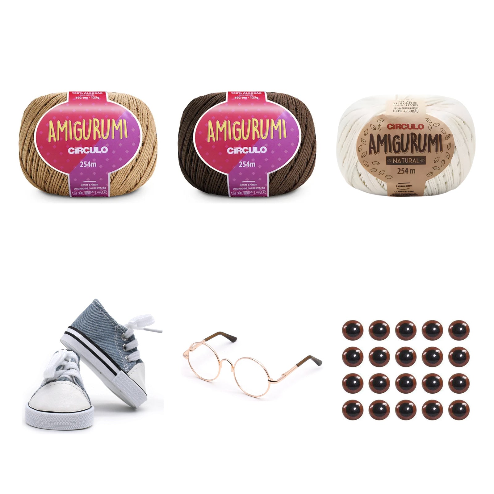 Kit Amigurumi 3 Novelos Caramelito, Brownie e Natural 125g e Acessórios