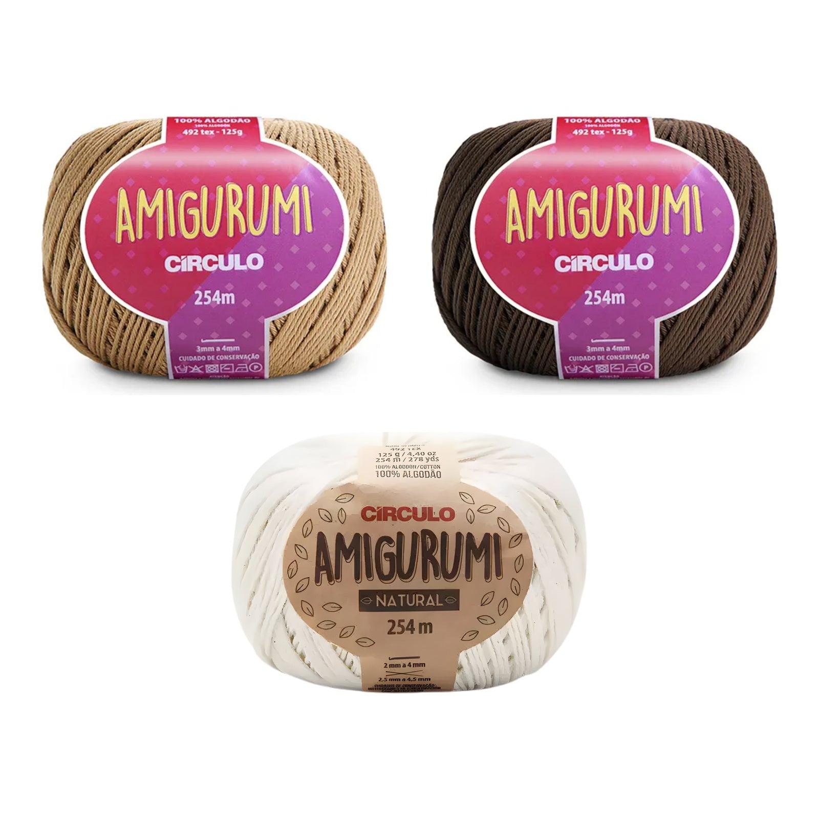 Kit Amigurumi 3 Novelos Caramelito, Brownie e Natural 125g e Acessórios