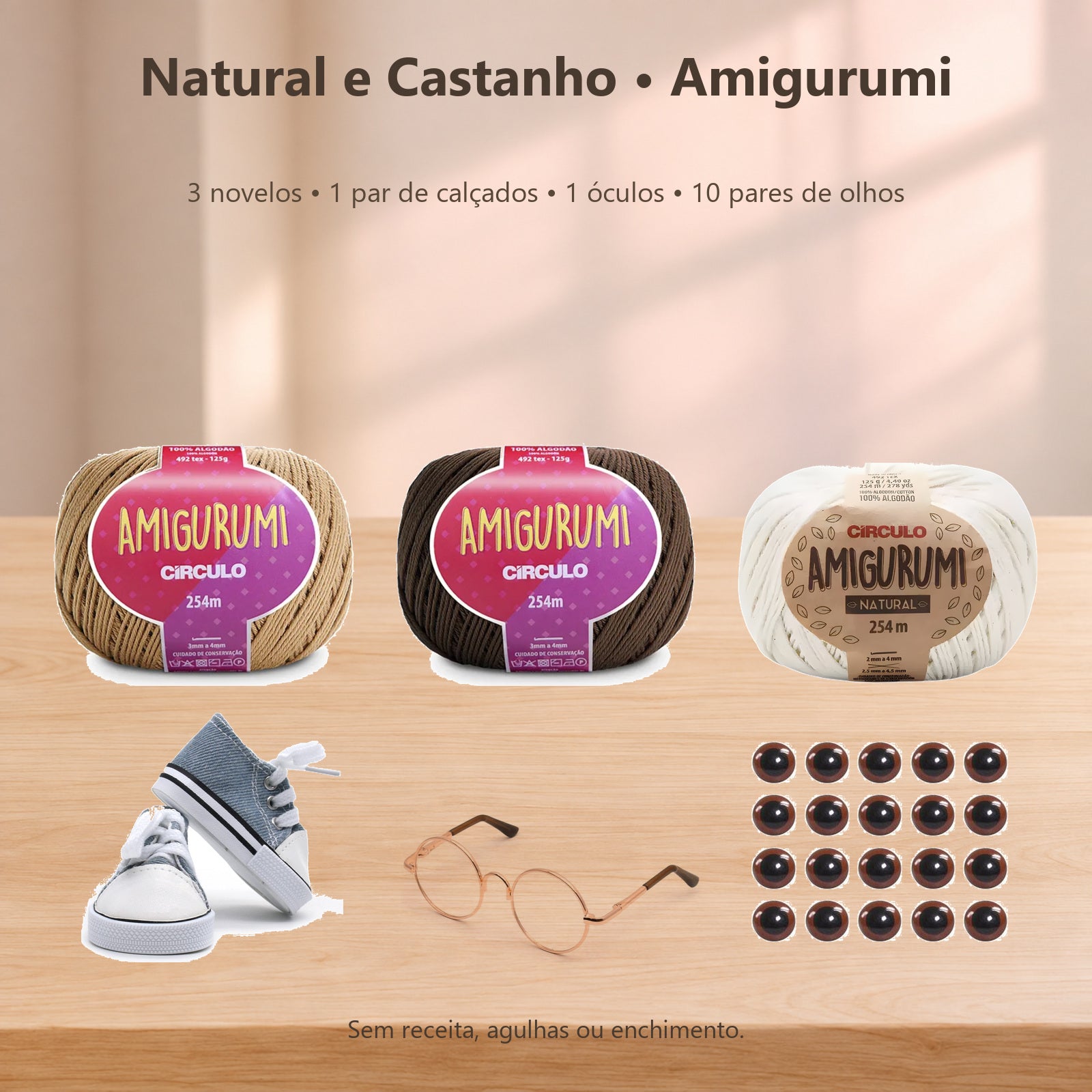 Kit Amigurumi 3 Novelos Caramelito, Brownie e Natural 125g e Acessórios