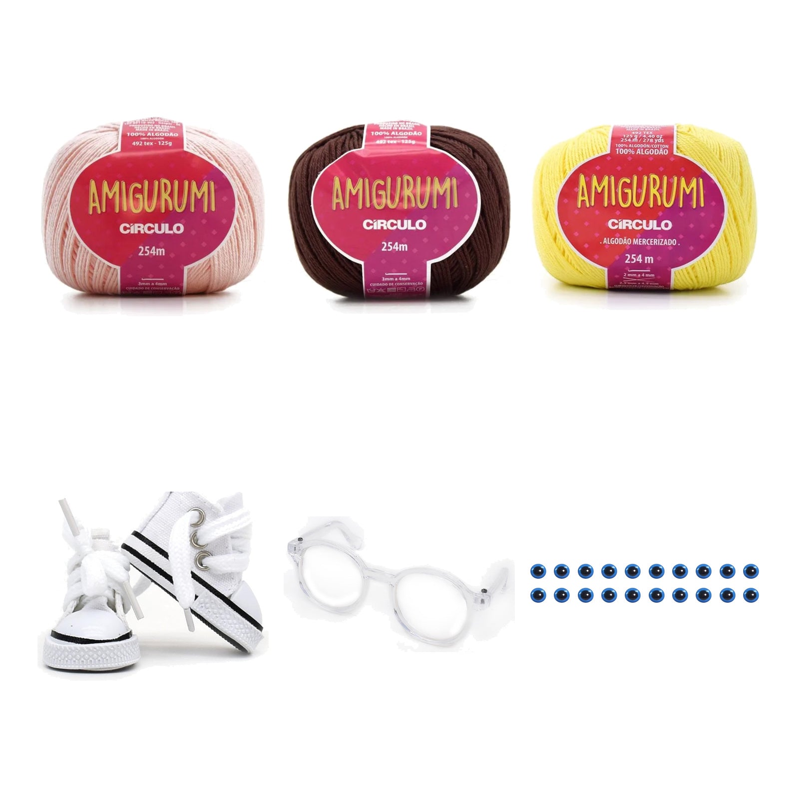 Kit Amigurumi 3 Novelos Macadâmia, Brigadeiro e Amarelo Candy 125g e Acessórios