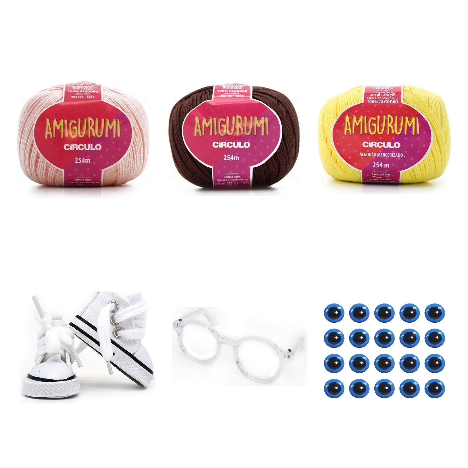 Kit Amigurumi 3 Novelos Macadâmia, Brigadeiro e Amarelo Candy 125g e Acessórios