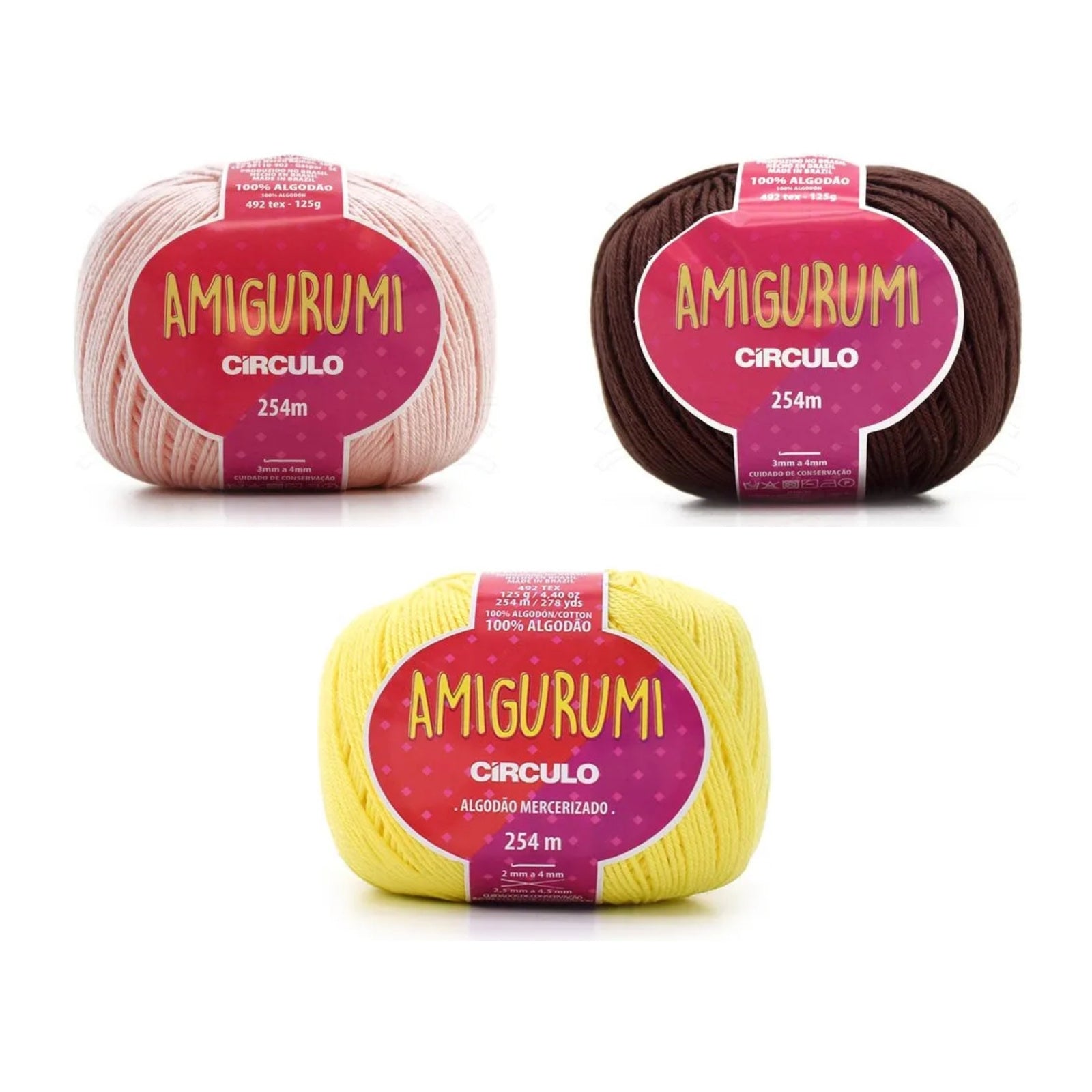 Kit Amigurumi 3 Novelos Macadâmia, Brigadeiro e Amarelo Candy 125g e Acessórios