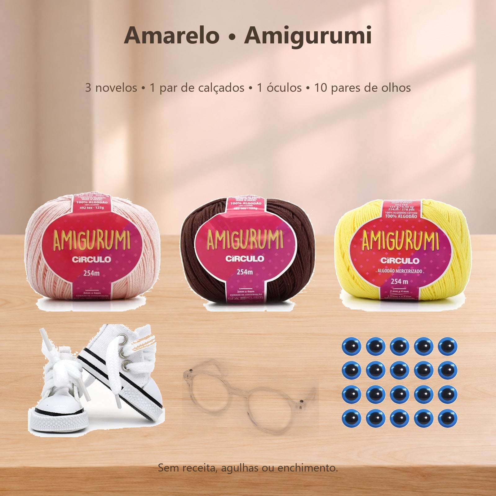 Kit Amigurumi 3 Novelos Macadâmia, Brigadeiro e Amarelo Candy 125g e Acessórios