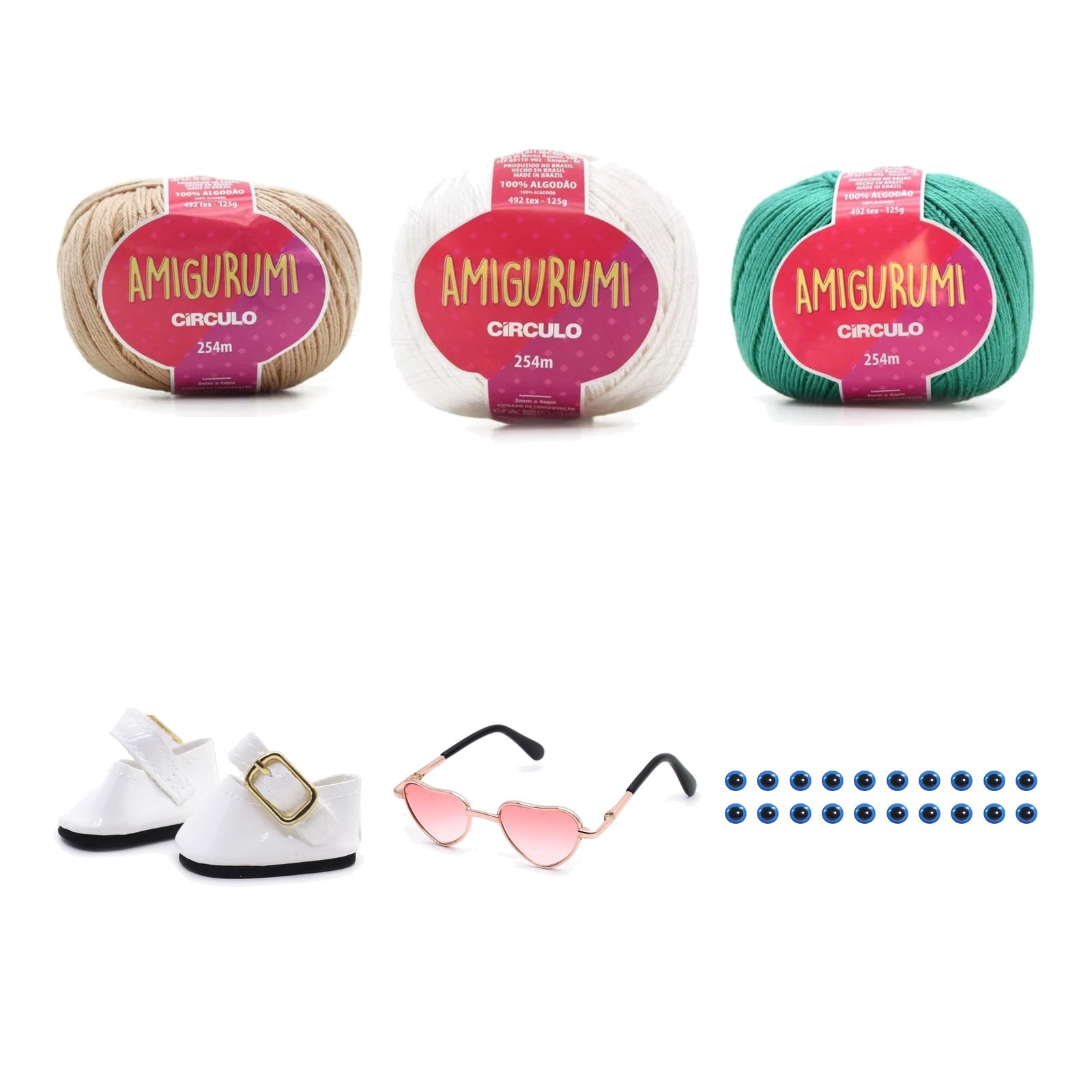 Kit Amigurumi 3 Novelos Porcelana, Branco e Tiffany 125g e Acessórios