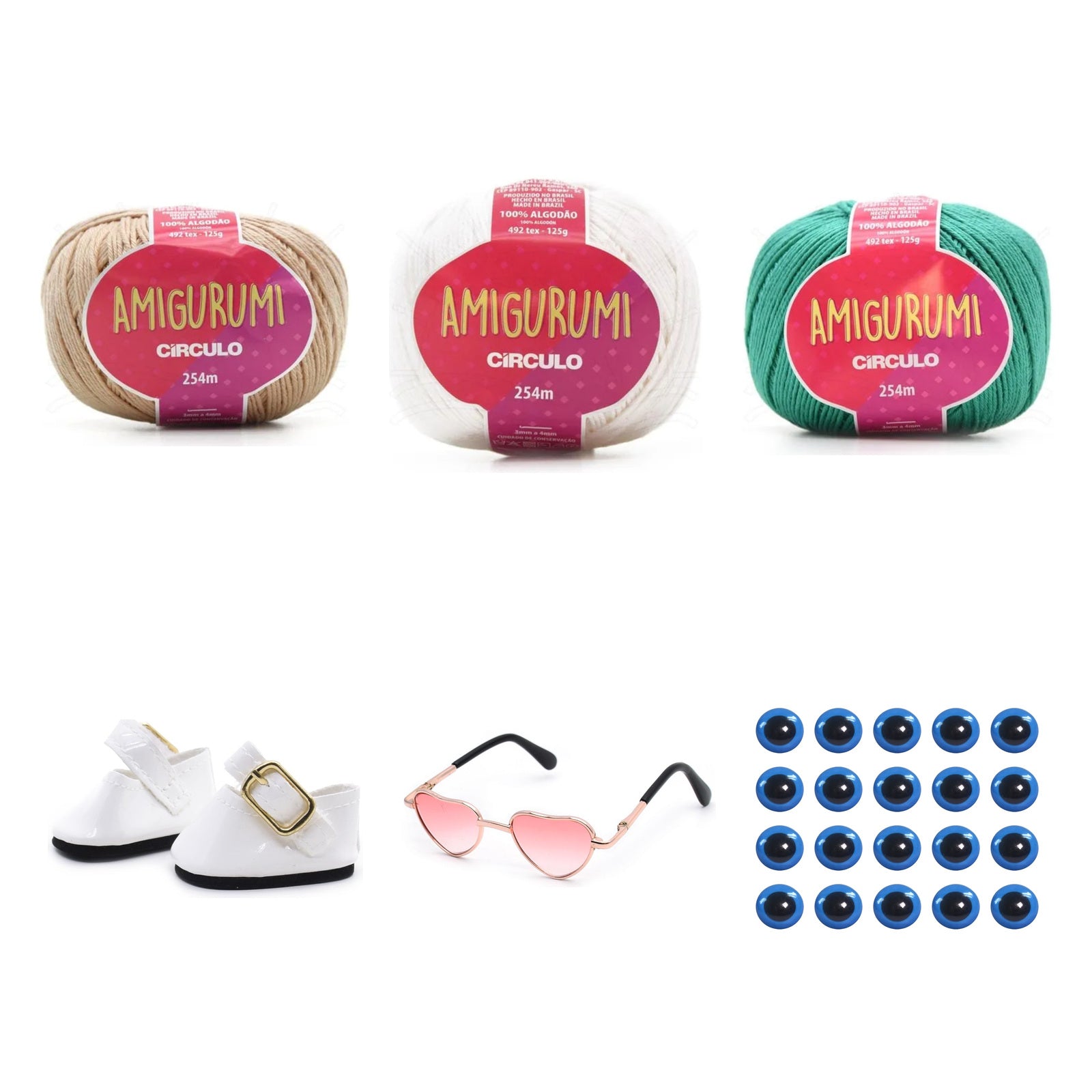 Kit Amigurumi 3 Novelos Porcelana, Branco e Tiffany 125g e Acessórios