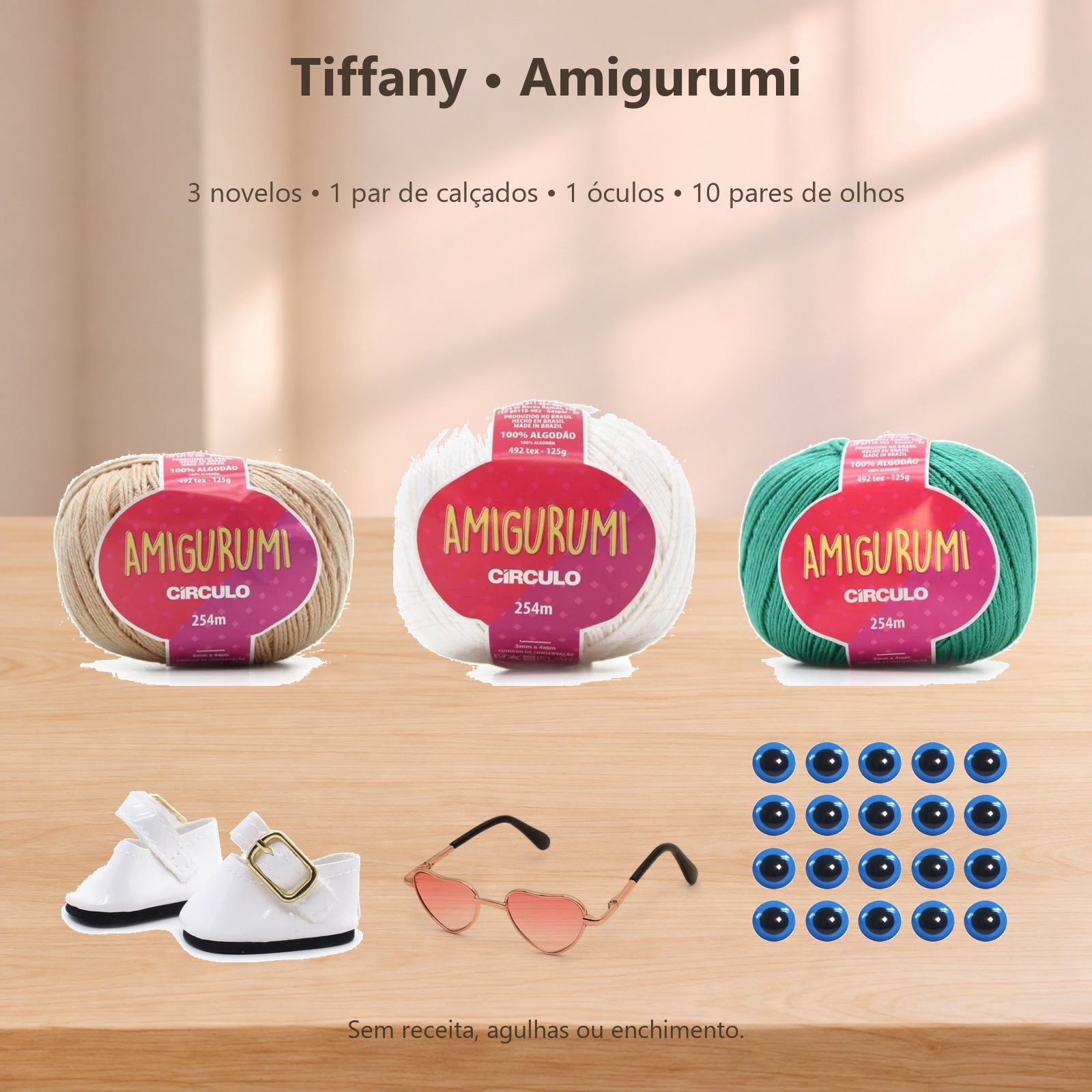 Kit Amigurumi 3 Novelos Porcelana, Branco e Tiffany 125g e Acessórios