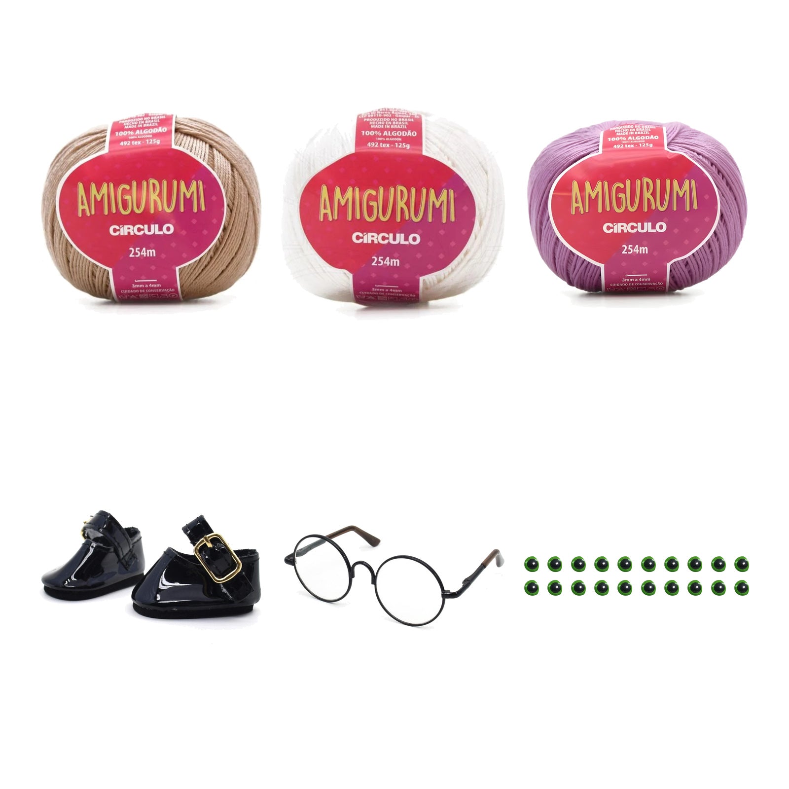 Kit Amigurumi 3 Novelos Amêndoa, Branco e Violeta 125g e Acessórios