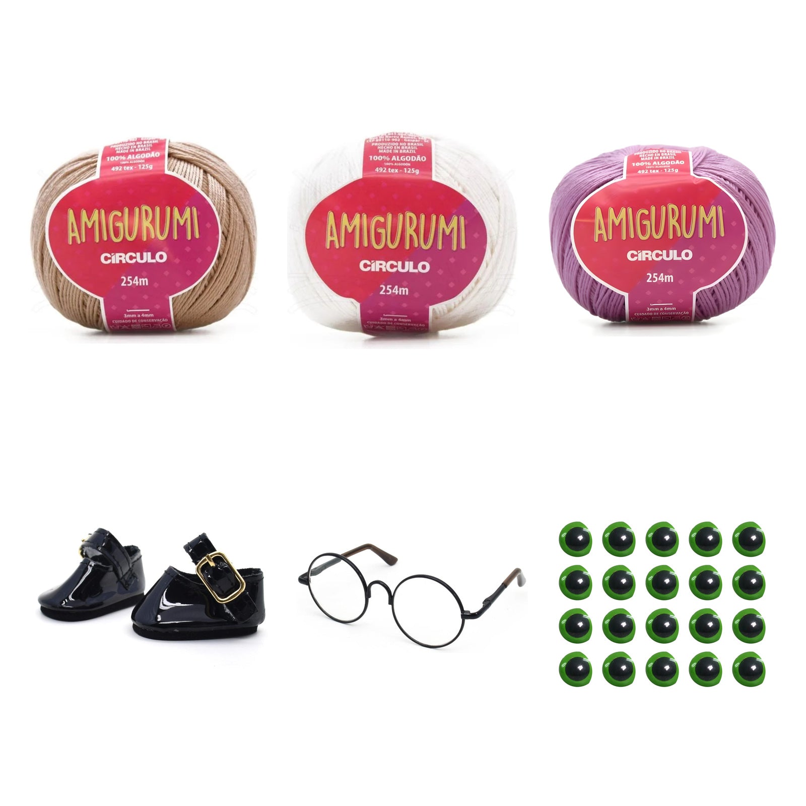Kit Amigurumi 3 Novelos Amêndoa, Branco e Violeta 125g e Acessórios