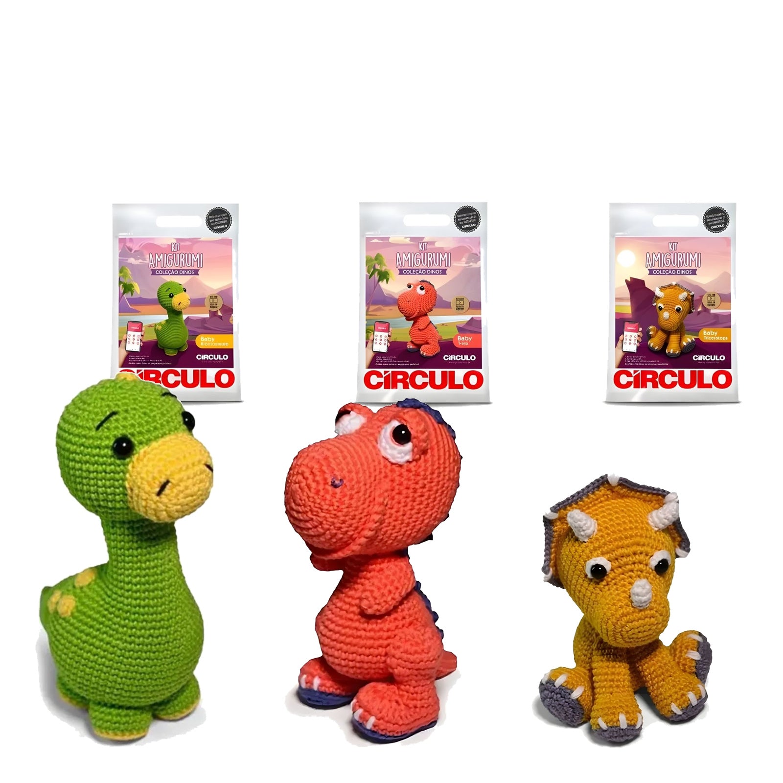 Kit 3 Dinos Amigurumi Brontossauro T-rex Triceratops