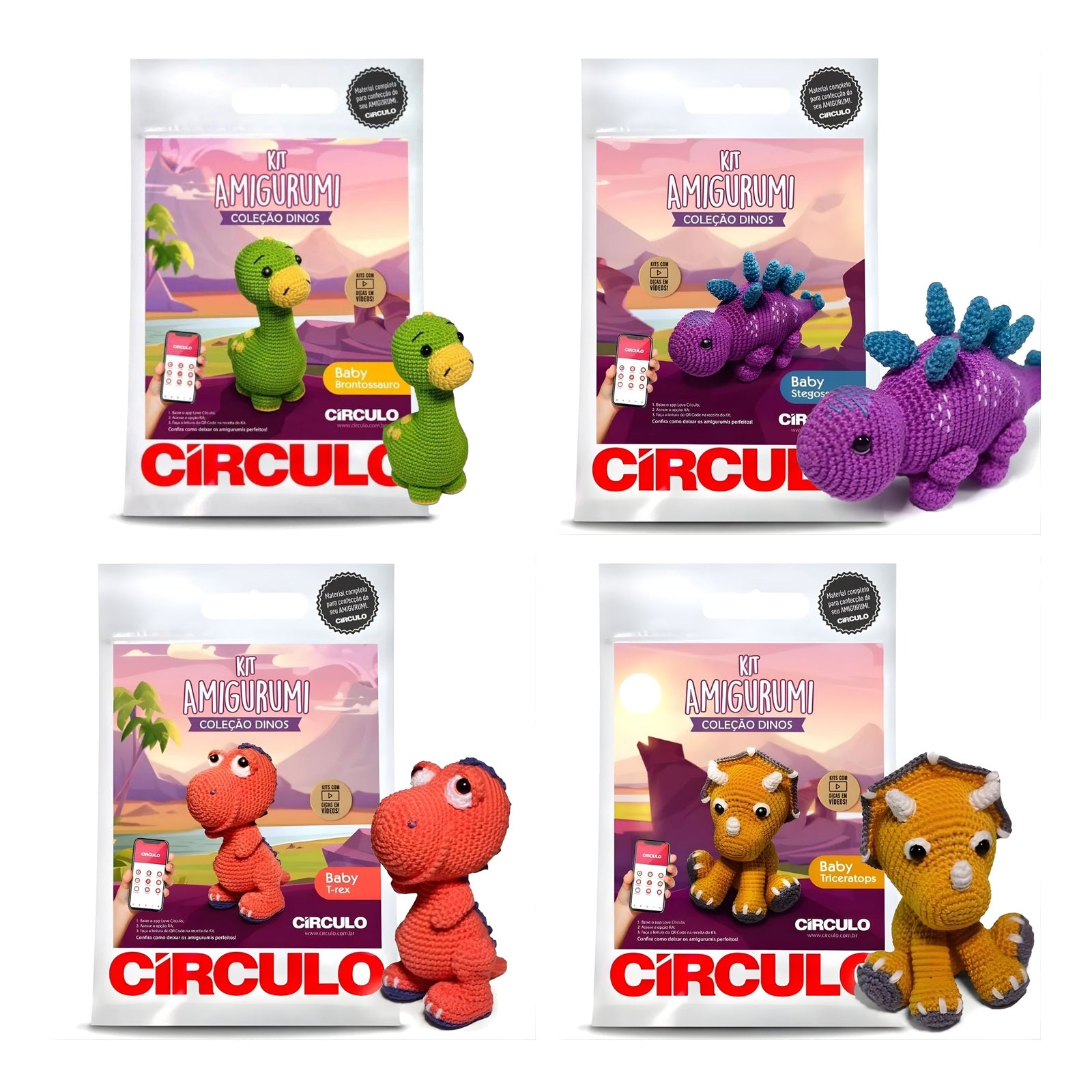 Kit 4 Dinossauros Amigurumi Círculo para Crochê