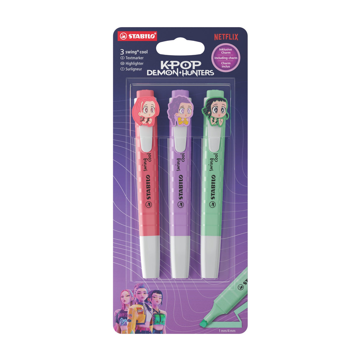 Estojo Marca-texto Swing Cool Guerreiras do K-pop 1-4mm 3 Cores Pastel - Stabilo