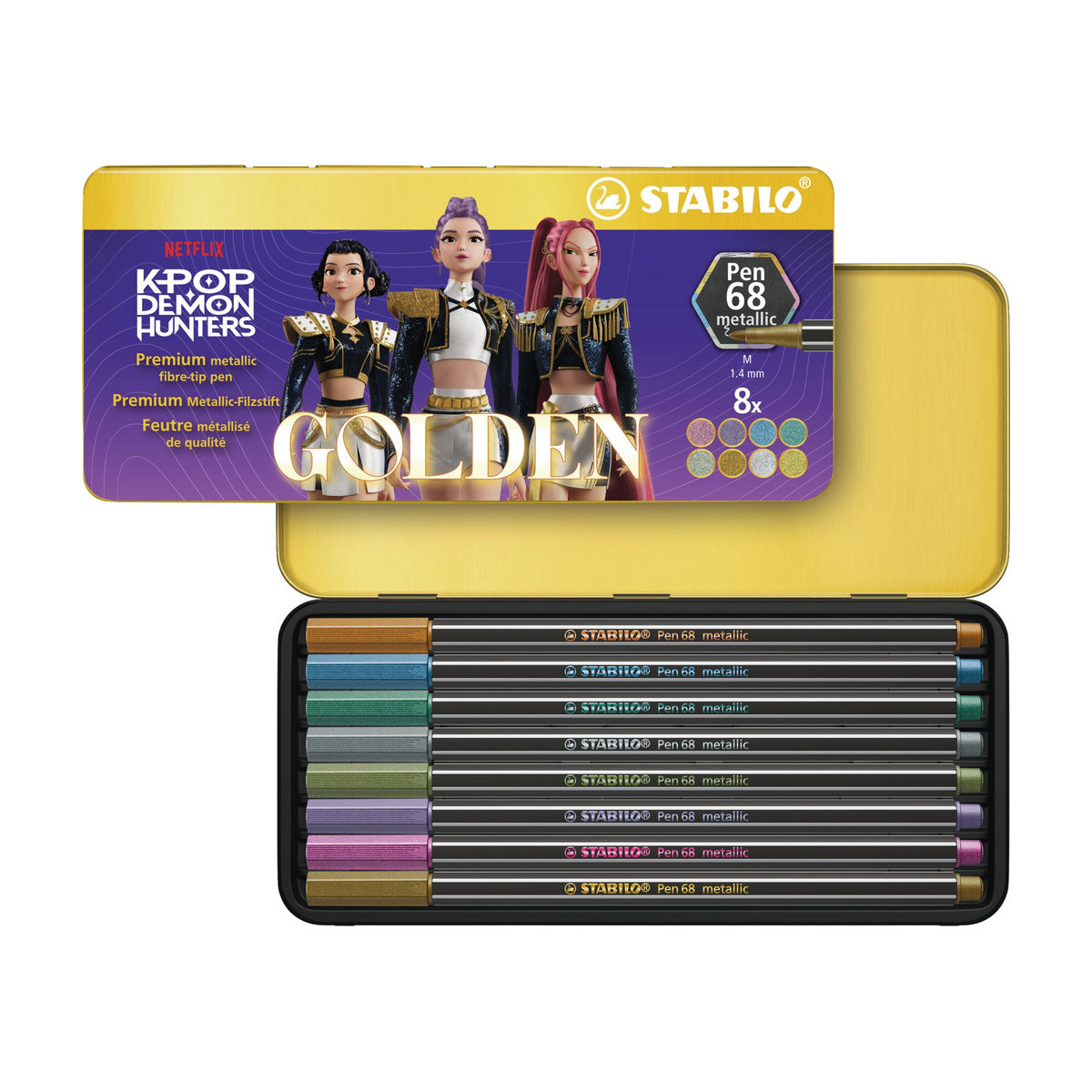 Estojo Canetas Metálicas Pen 68 Guerreiras do K-pop 1,4mm Golden 8 Cores - Stabilo