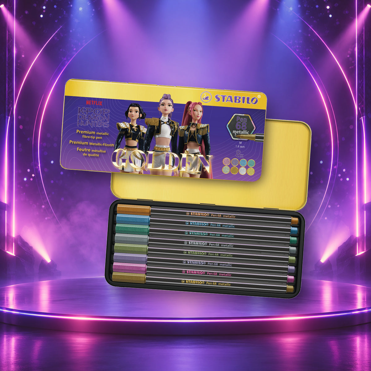 Estojo Canetas Metálicas Pen 68 Guerreiras do K-pop 1,4mm Golden 8 Cores - Stabilo