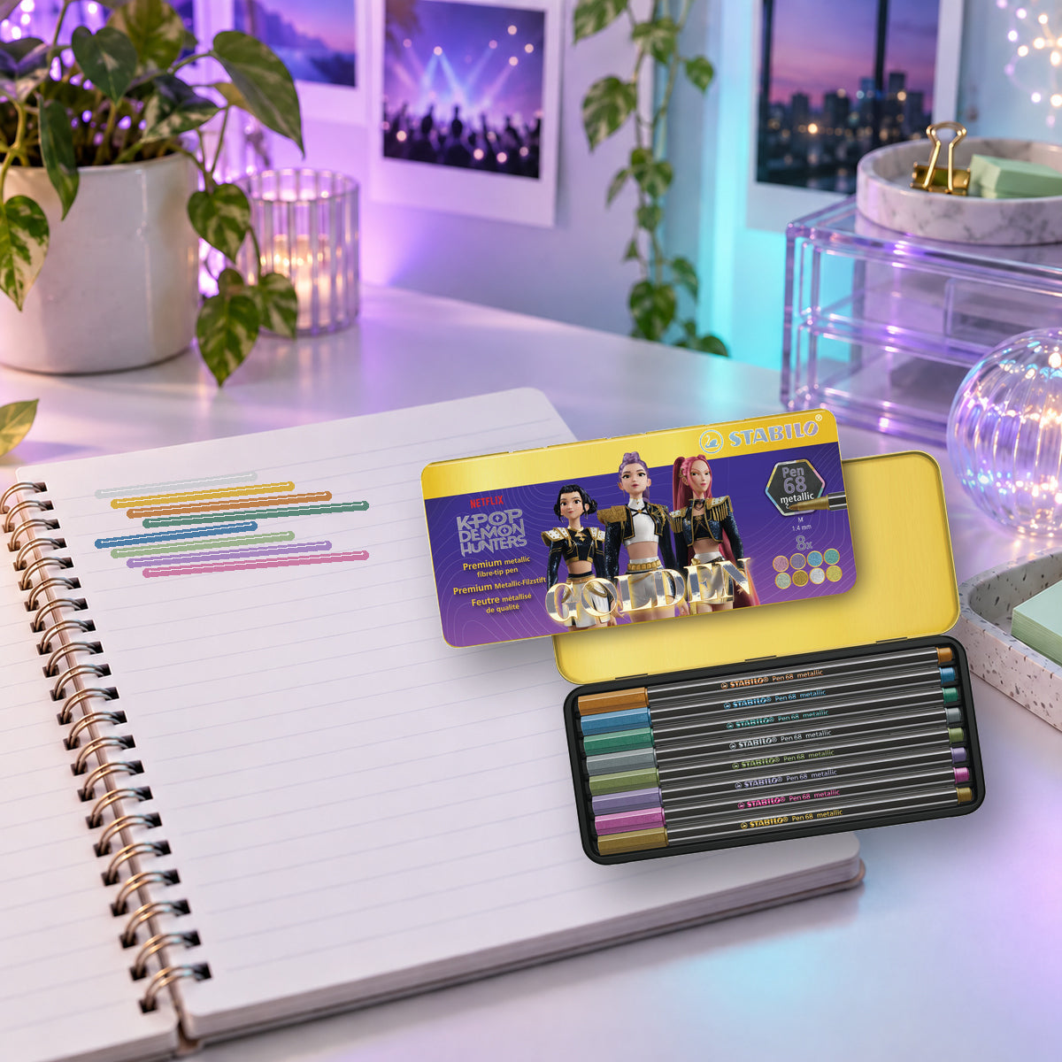 Estojo Canetas Metálicas Pen 68 Guerreiras do K-pop 1,4mm Golden 8 Cores - Stabilo