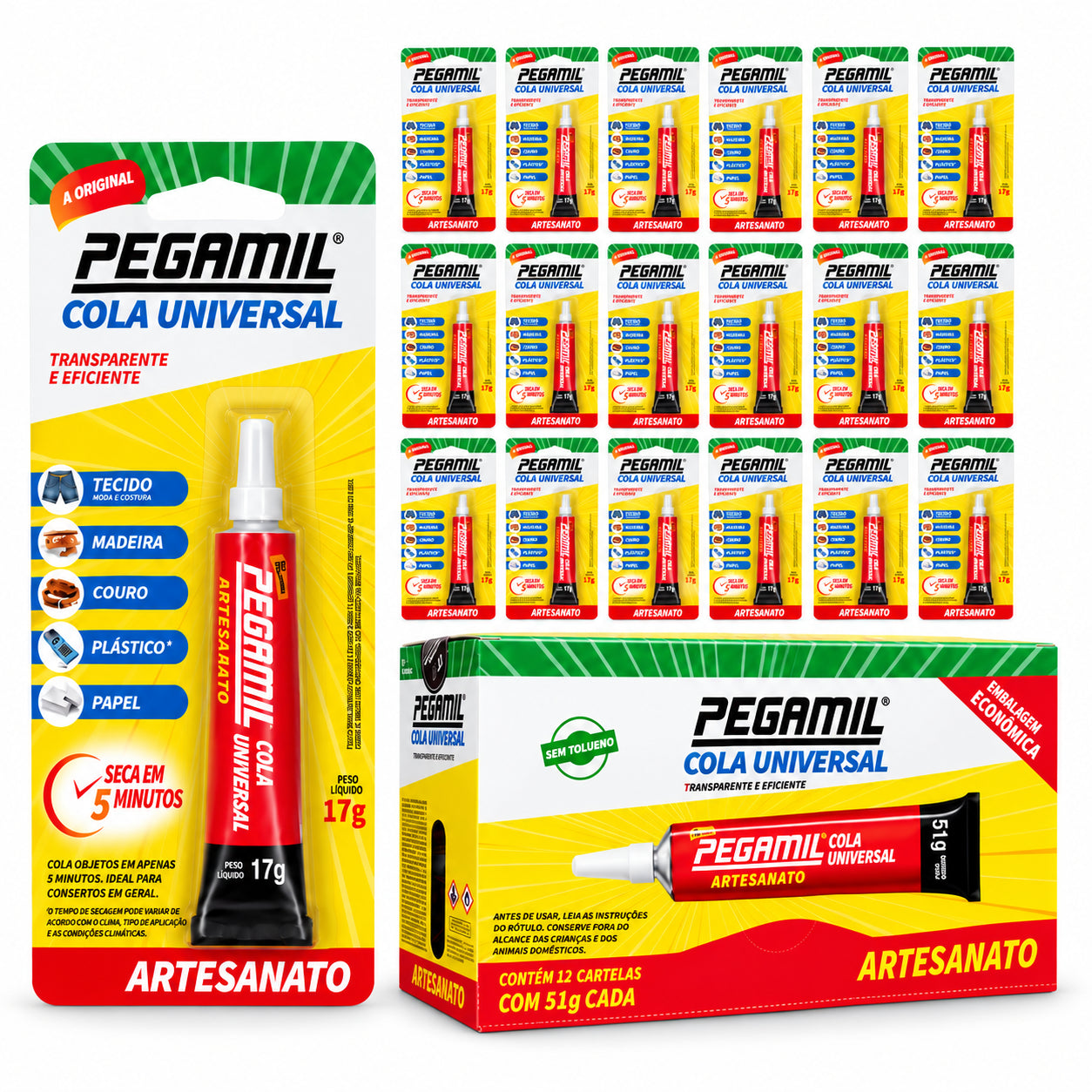 Caixa 18 Colas Universais Pegamil 17g para Artesanato