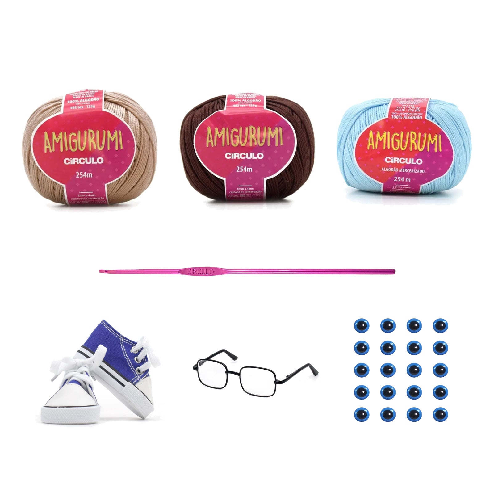 Kit Amigurumi 3 Novelos Amêndoa, Brigadeiro e Azul Candy 125g com Agulha Alumínio 2,5mm e Acessórios Círculo