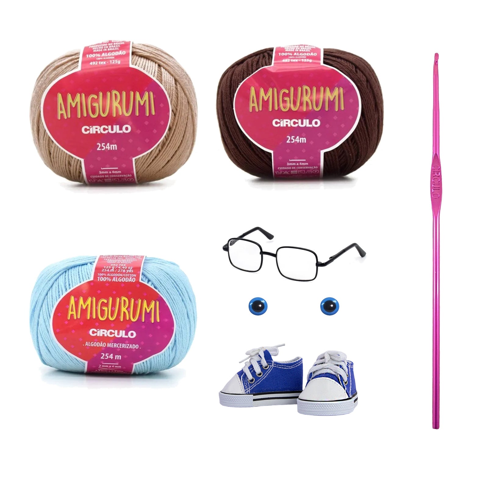 Kit Amigurumi 3 Novelos Amêndoa, Brigadeiro e Azul Candy 125g com Agulha Alumínio 2,5mm e Acessórios Círculo