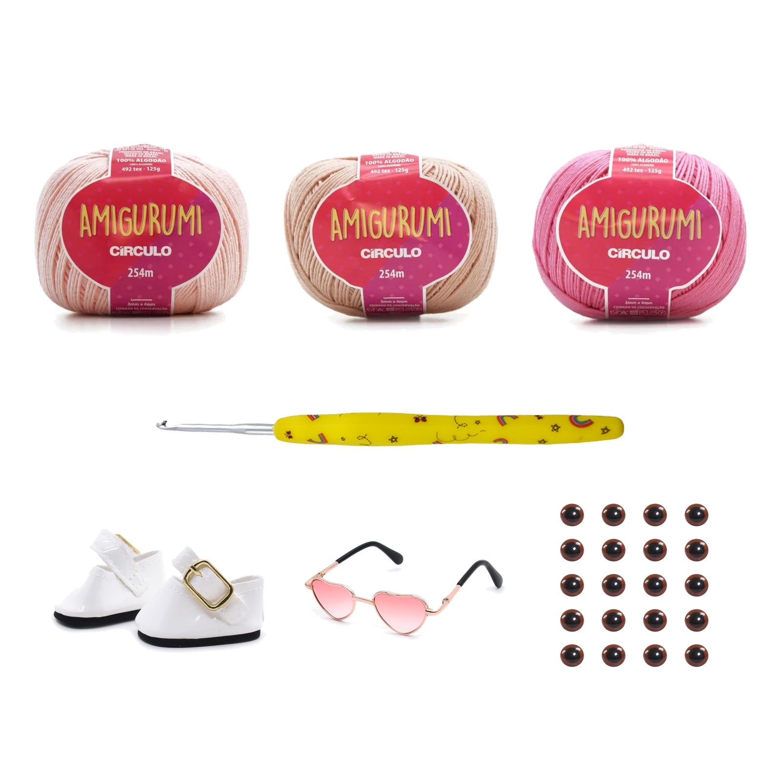 Kit Amigurumi 3 Novelos Macadâmia, Chantilly e Chiclete 125g com Agulha Soft Amigurumi 2,5mm e Acessórios Círculo