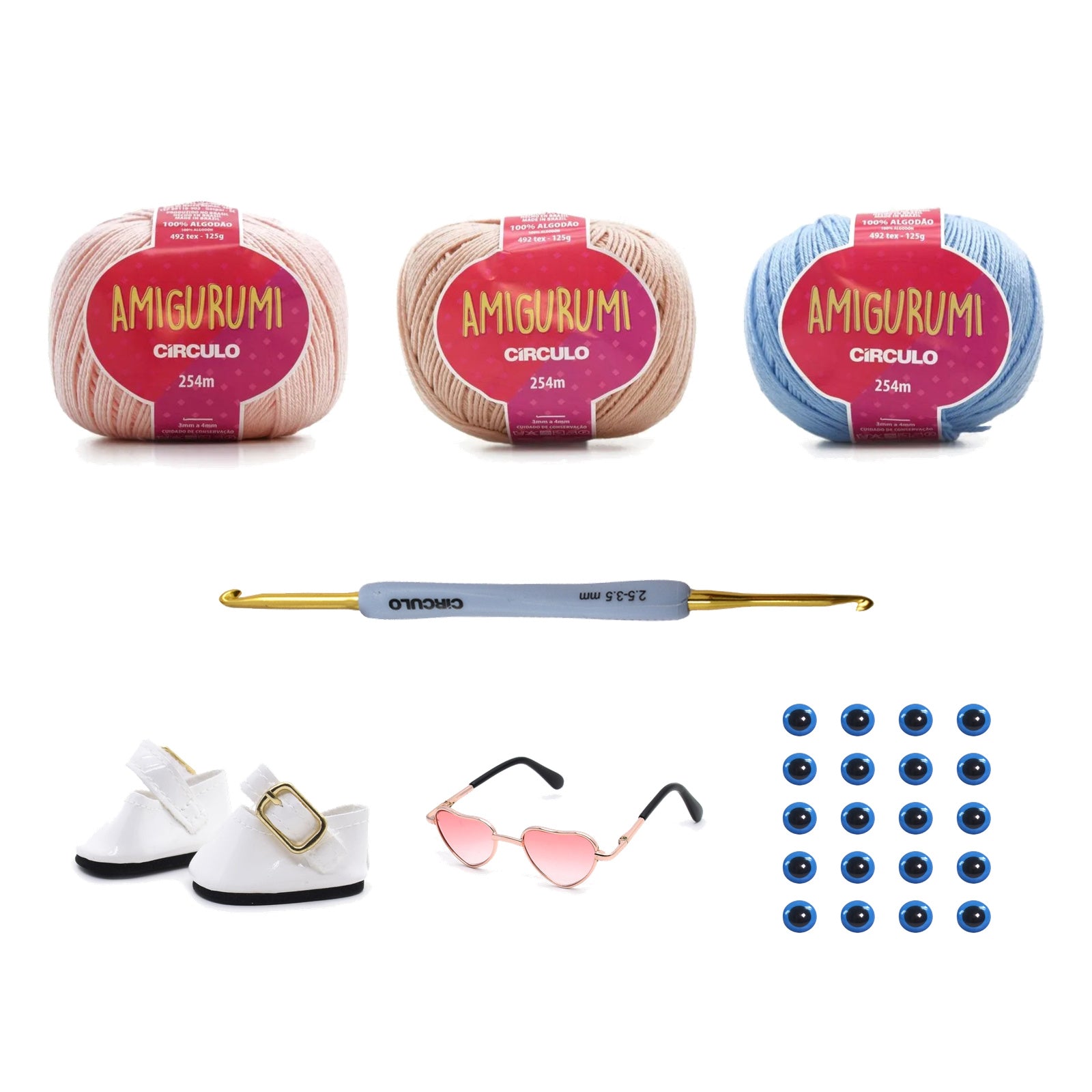 Kit Amigurumi 3 Novelos Macadâmia, Chantilly e Hortênsia 125g com Agulha Soft Dupla 2,5 e 3,5mm e Acessórios Círculo