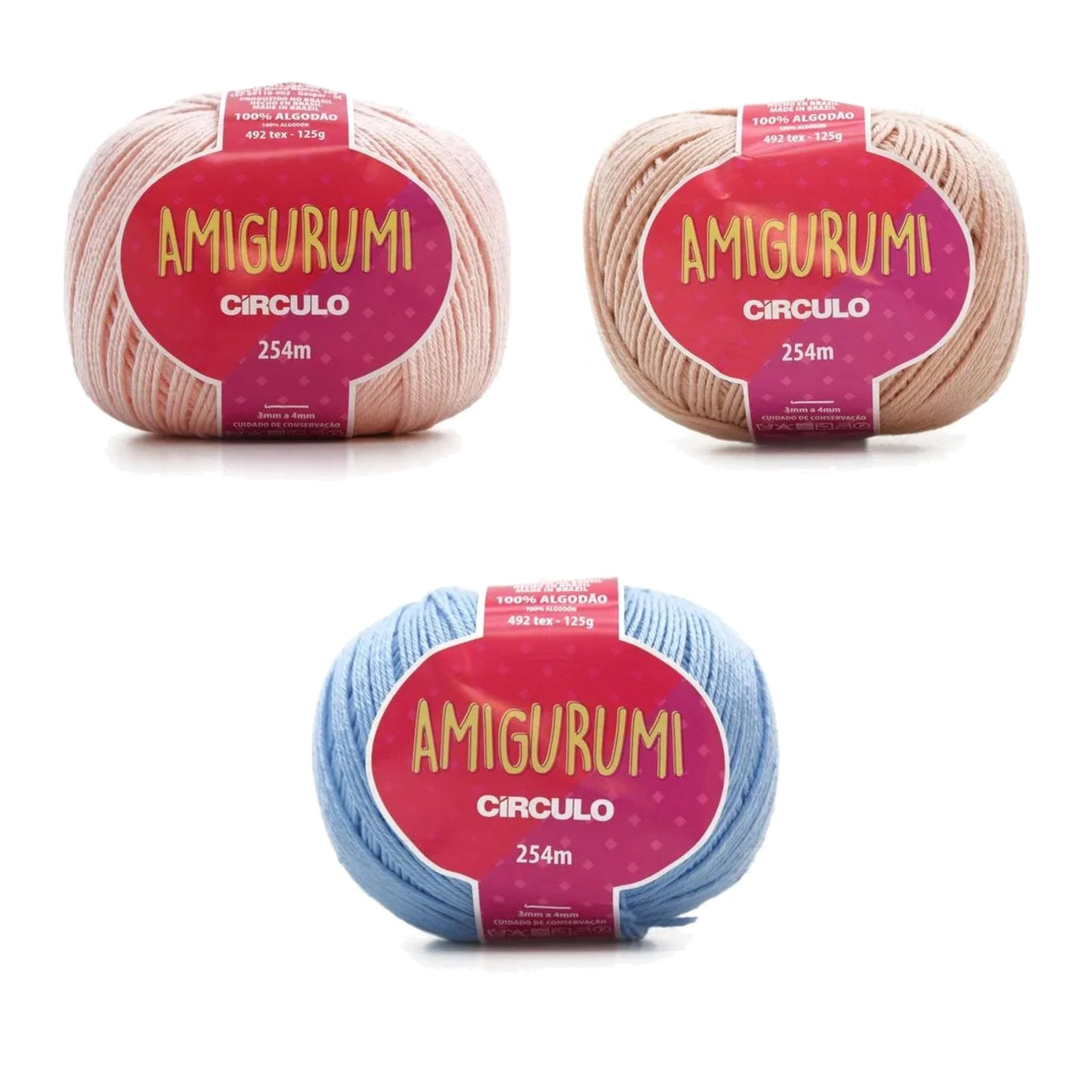 Kit Amigurumi 3 Novelos Macadâmia, Chantilly e Hortênsia 125g com Agulha Soft Dupla 2,5 e 3,5mm e Acessórios Círculo