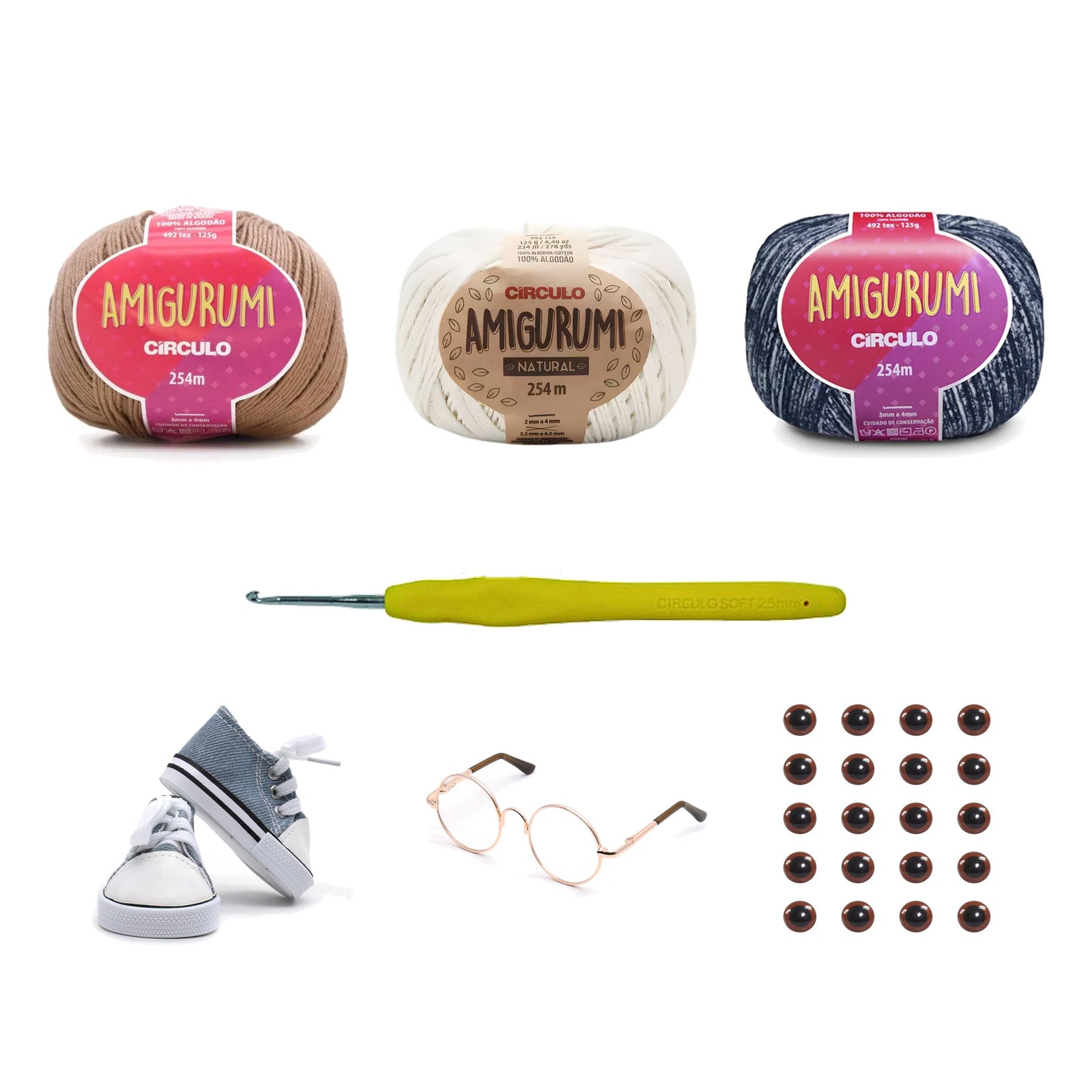 Kit Amigurumi 3 Novelos Castanha, Natural e Índigo 125g com Agulha Soft Emborrachada 2,5mm e Acessórios Círculo
