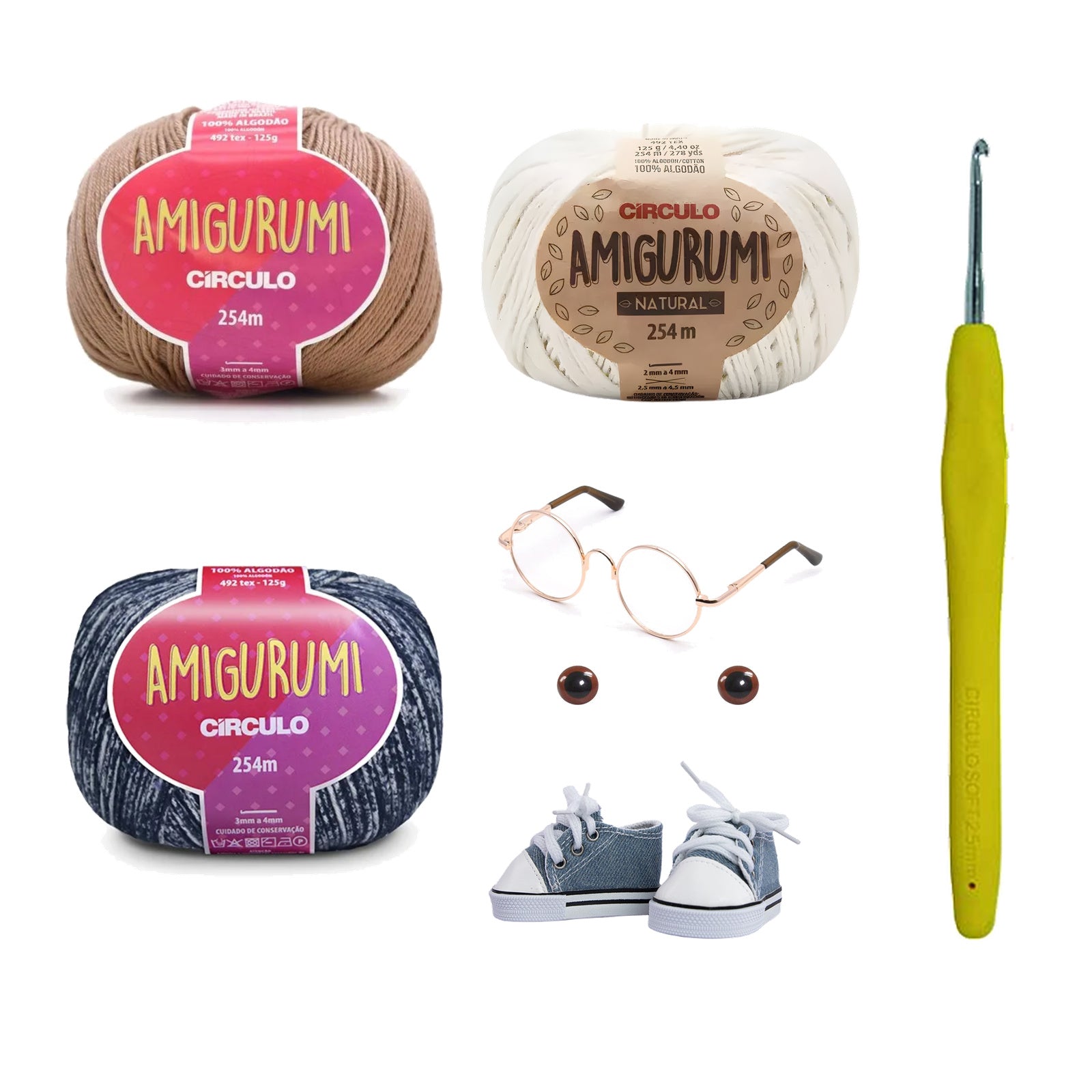 Kit Amigurumi 3 Novelos Castanha, Natural e Índigo 125g com Agulha Soft Emborrachada 2,5mm e Acessórios Círculo