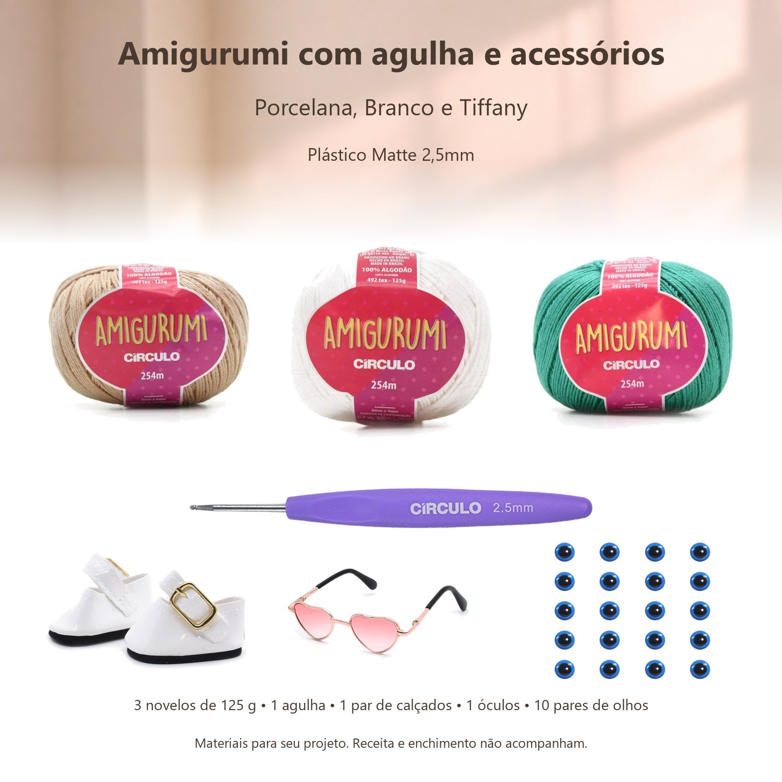 Kit Amigurumi 3 Novelos Porcelana, Branco e Tiffany 125g com Agulha Plástico Matte 2,5mm e Acessórios Círculo