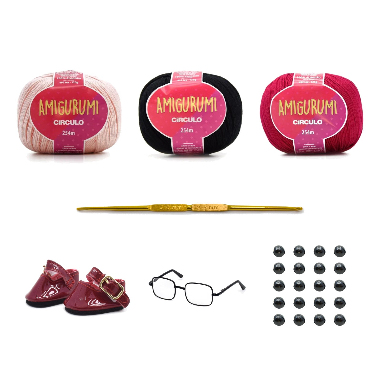 Kit Amigurumi 3 Novelos Macadâmia, Preto e Rubi 125g com Agulha Alumínio Dupla 2,0 e 2,5mm e Acessórios Círculo