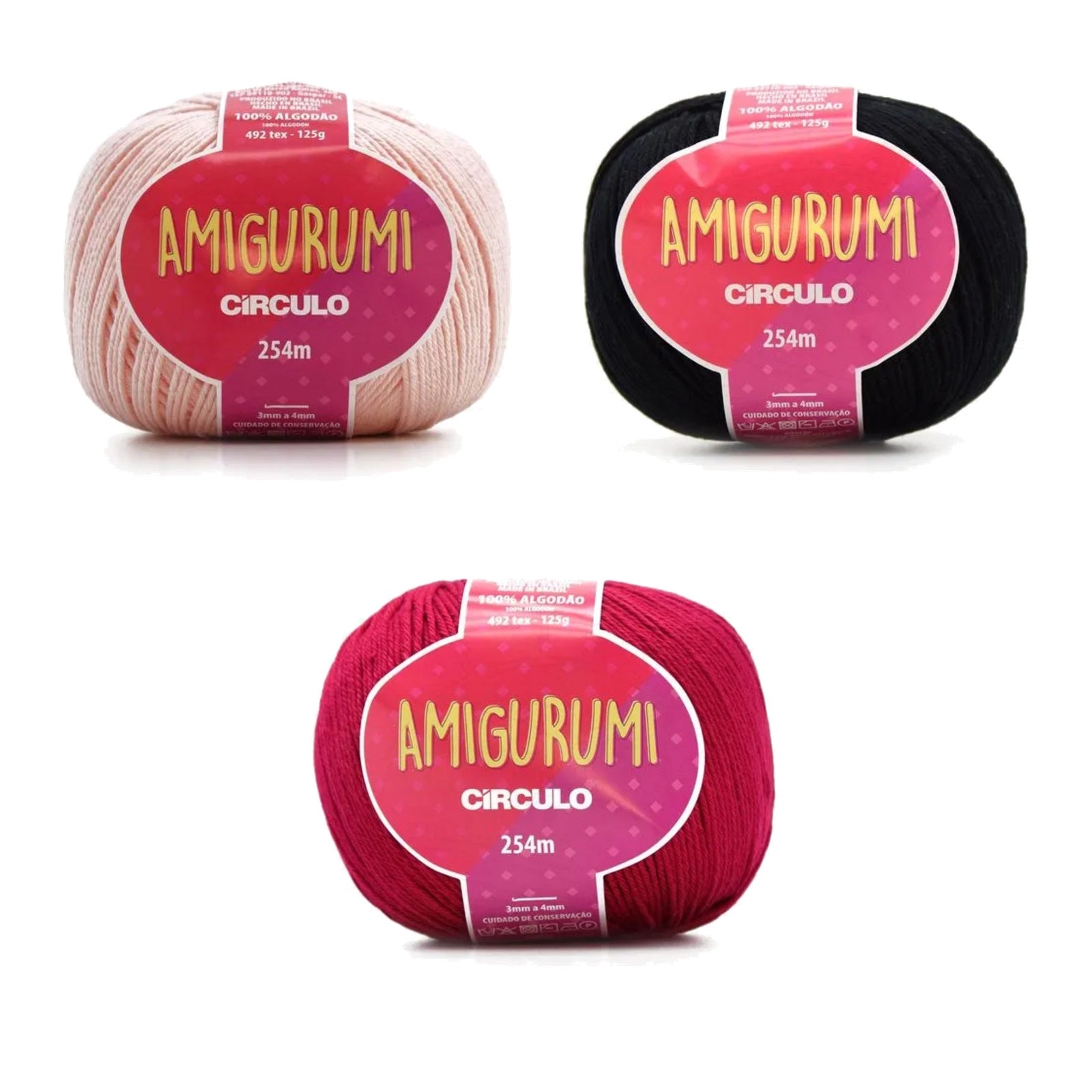 Kit Amigurumi 3 Novelos Macadâmia, Preto e Rubi 125g com Agulha Alumínio Dupla 2,0 e 2,5mm e Acessórios Círculo