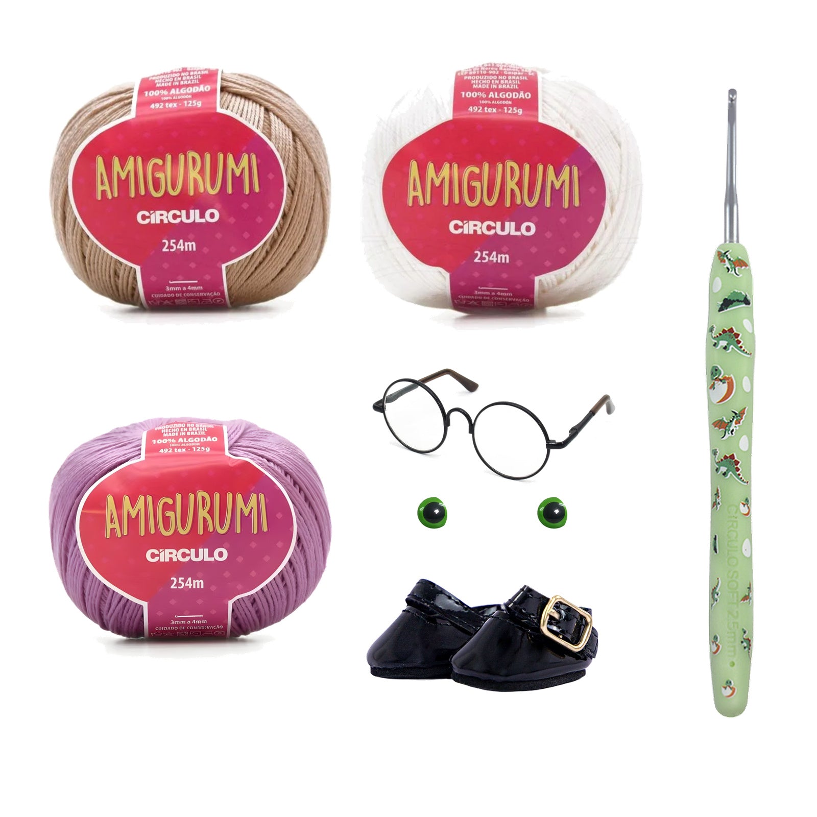 Kit Amigurumi 3 Novelos Amêndoa, Branco e Violeta 125g com Agulha Soft Estampada Verde 2,5mm e Acessórios Círculo