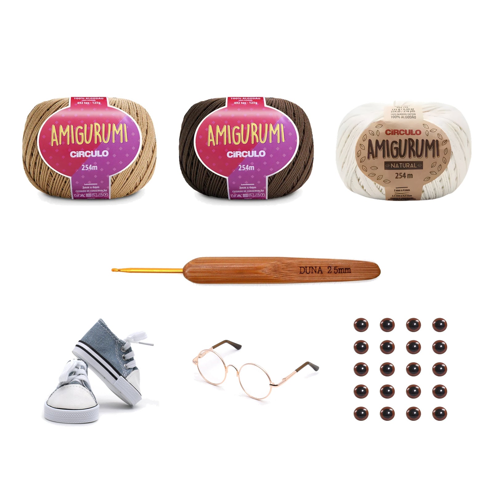 Kit Amigurumi 3 Novelos Caramelito, Brownie e Natural 125g com Agulha Cabo Bambu Duna 2,5mm e Acessórios Círculo