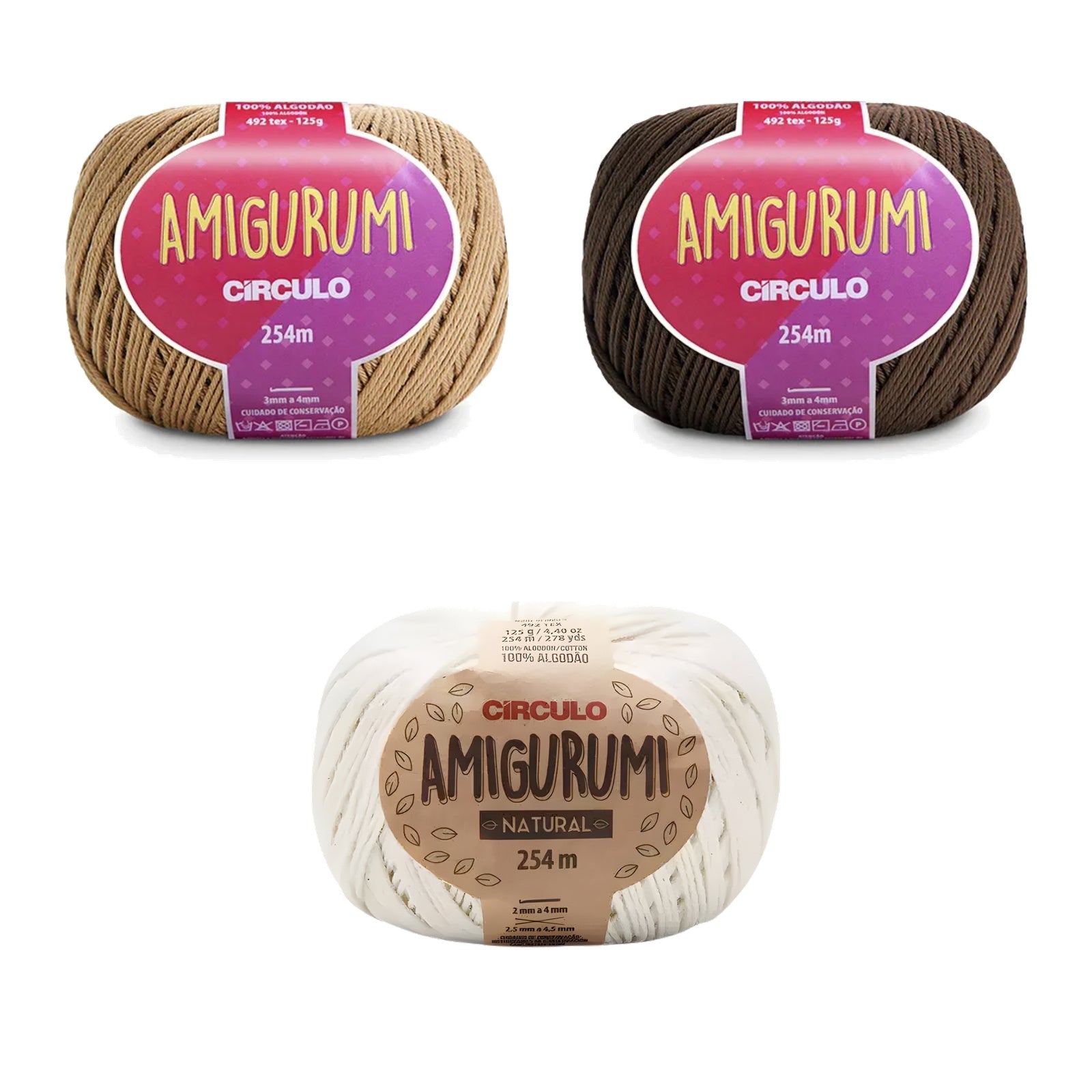 Kit Amigurumi 3 Novelos Caramelito, Brownie e Natural 125g com Agulha Cabo Bambu Duna 2,5mm e Acessórios Círculo