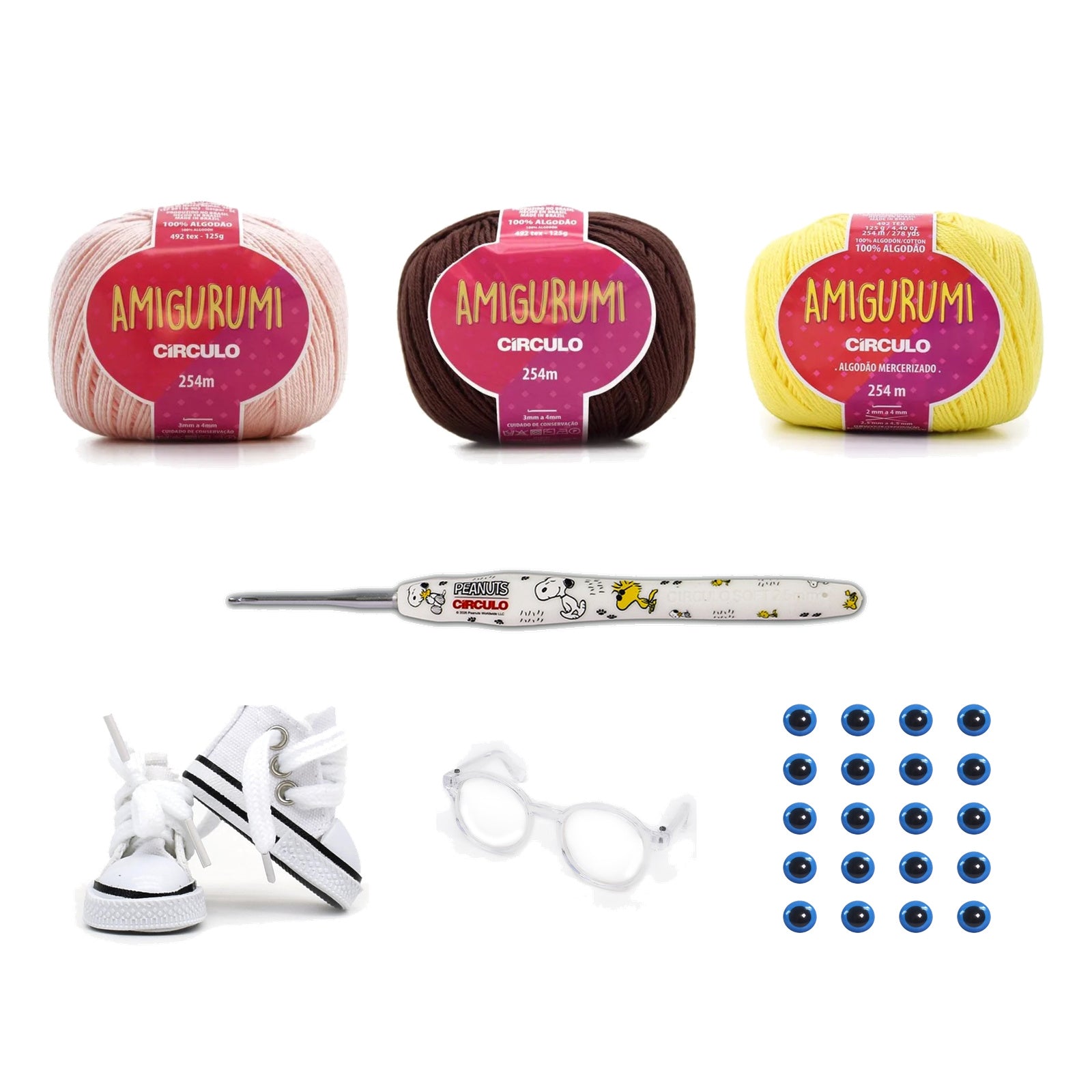 Kit Amigurumi 3 Novelos Macadâmia Brigadeiro Amarelo Candy 125g Agulha Soft Peanuts Snoopy e Woodstock 2,5mm Acessórios 