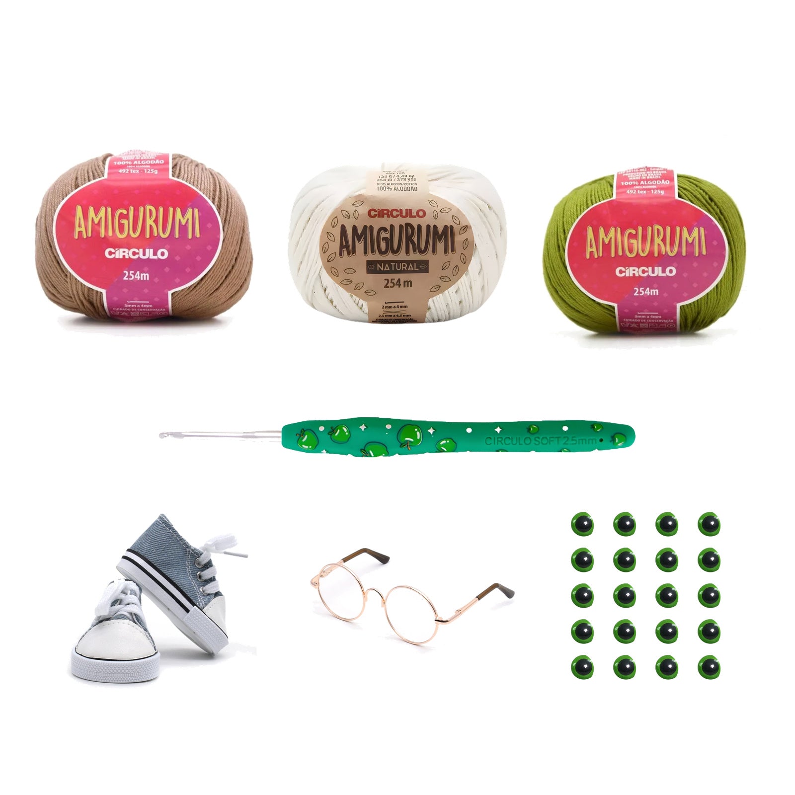 Kit Amigurumi 3 Novelos Castanha, Natural e Pistache 125g com Agulha Soft Aroma Maçã Verde 2,5mm e Acessórios Círculo