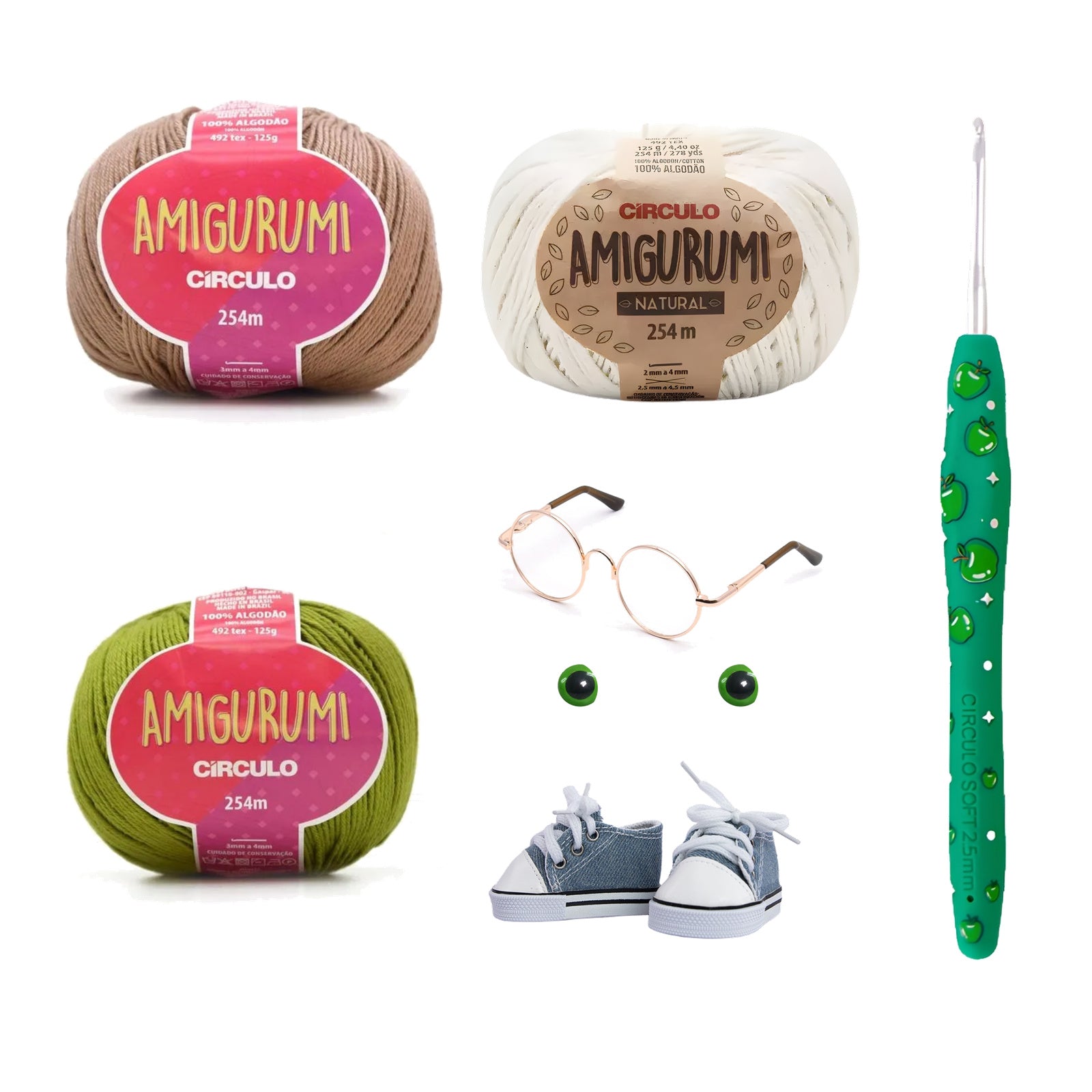 Kit Amigurumi 3 Novelos Castanha, Natural e Pistache 125g com Agulha Soft Aroma Maçã Verde 2,5mm e Acessórios Círculo