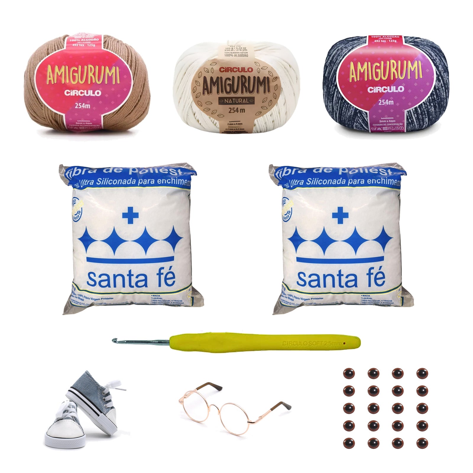 Kit Amigurumi 3 Novelos Castanha, Natural e Índigo 125g com Agulha Soft Emborrachada 2,5mm, Acessórios e Enchimento 100g