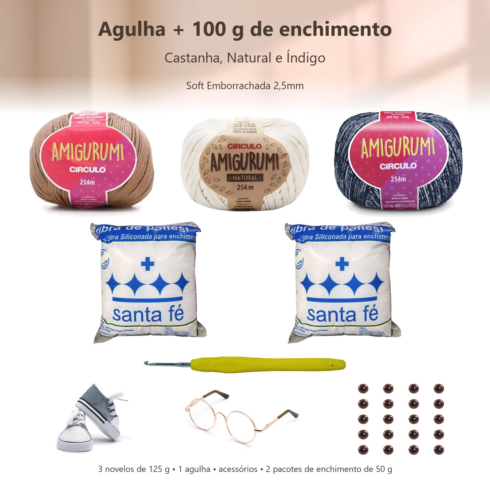 Kit Amigurumi 3 Novelos Castanha, Natural e Índigo 125g com Agulha Soft Emborrachada 2,5mm, Acessórios e Enchimento 100g