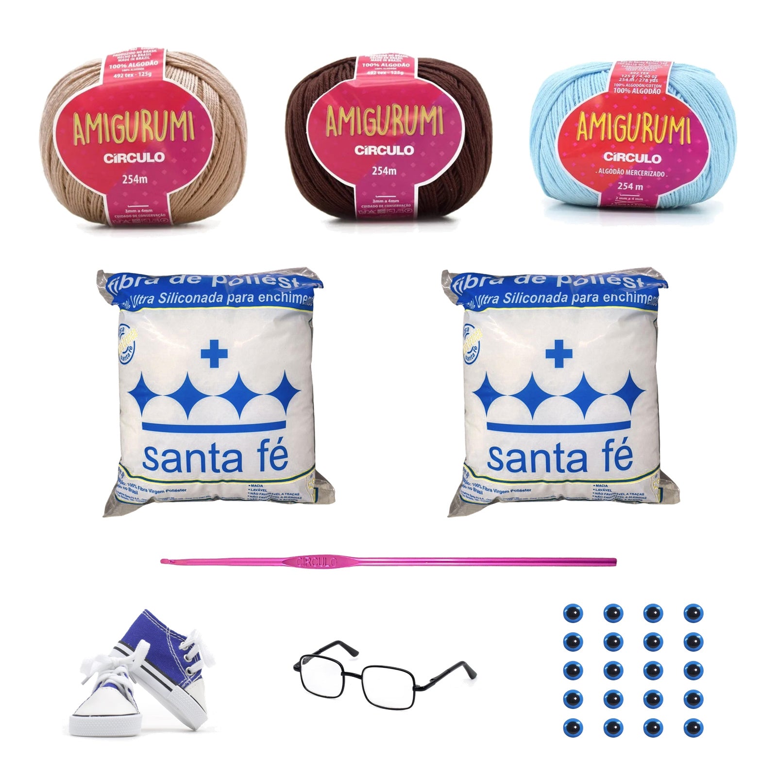 Kit Amigurumi 3 Novelos Amêndoa, Brigadeiro e Azul Candy 125g com Agulha Alumínio 2,5mm, Acessórios e Enchimento 100g