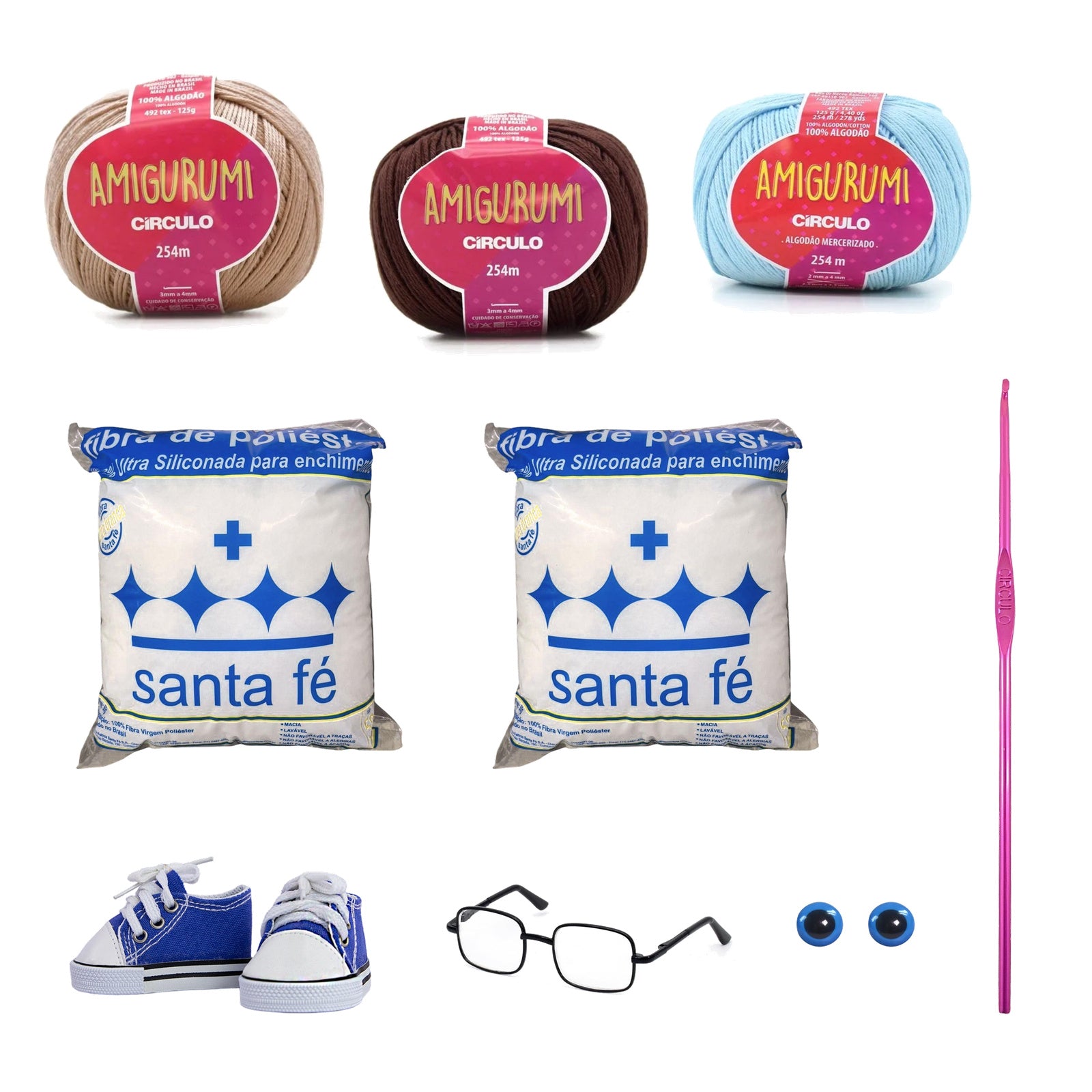Kit Amigurumi 3 Novelos Amêndoa, Brigadeiro e Azul Candy 125g com Agulha Alumínio 2,5mm, Acessórios e Enchimento 100g