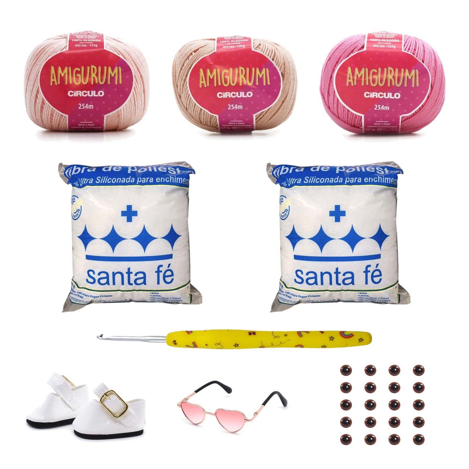Kit Amigurumi 3 Novelos Macadâmia Chantilly e Chiclete 125g com Agulha Soft Amigurumi 2,5mm Acessórios e Enchimento 100g