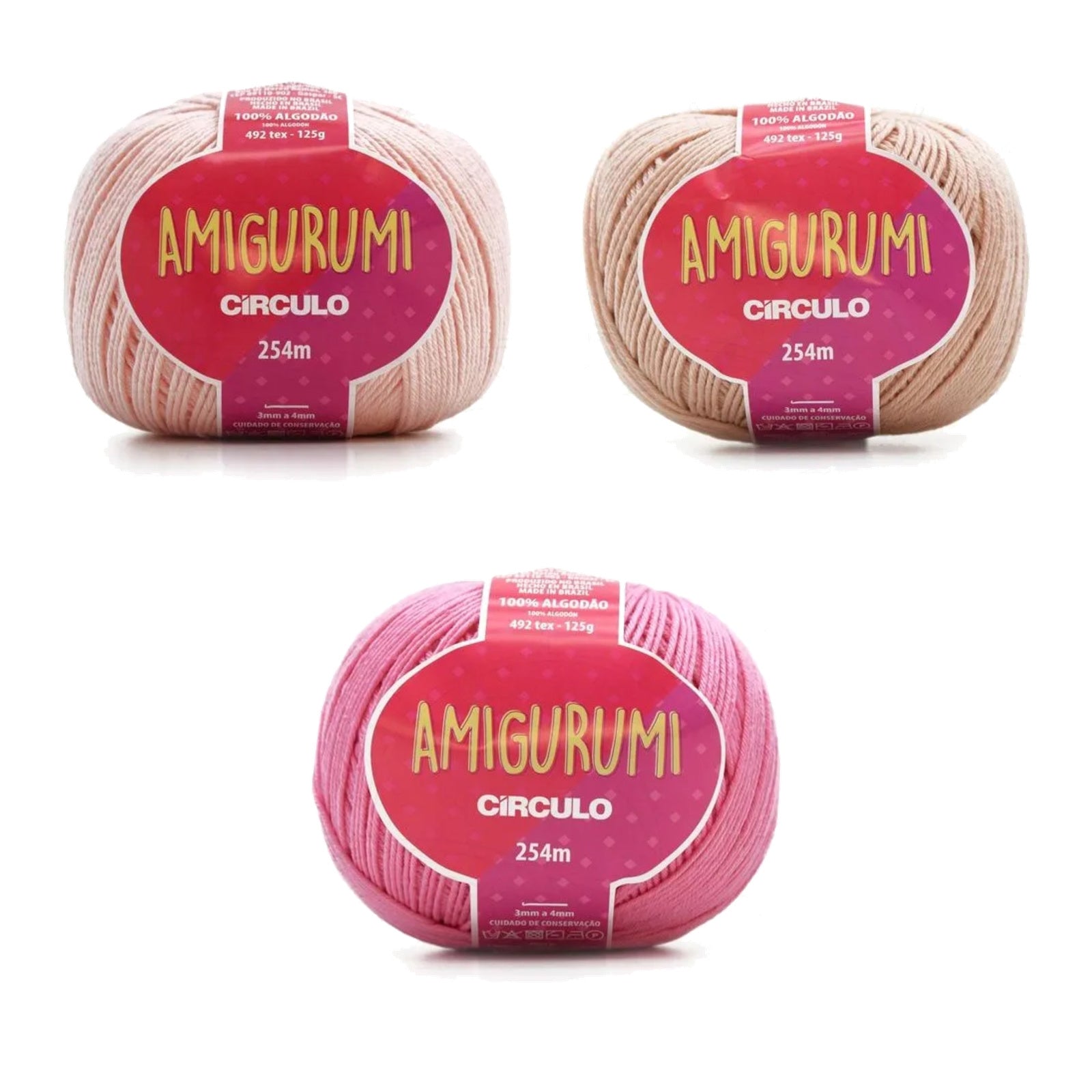 Kit Amigurumi 3 Novelos Macadâmia Chantilly e Chiclete 125g com Agulha Soft Amigurumi 2,5mm Acessórios e Enchimento 100g
