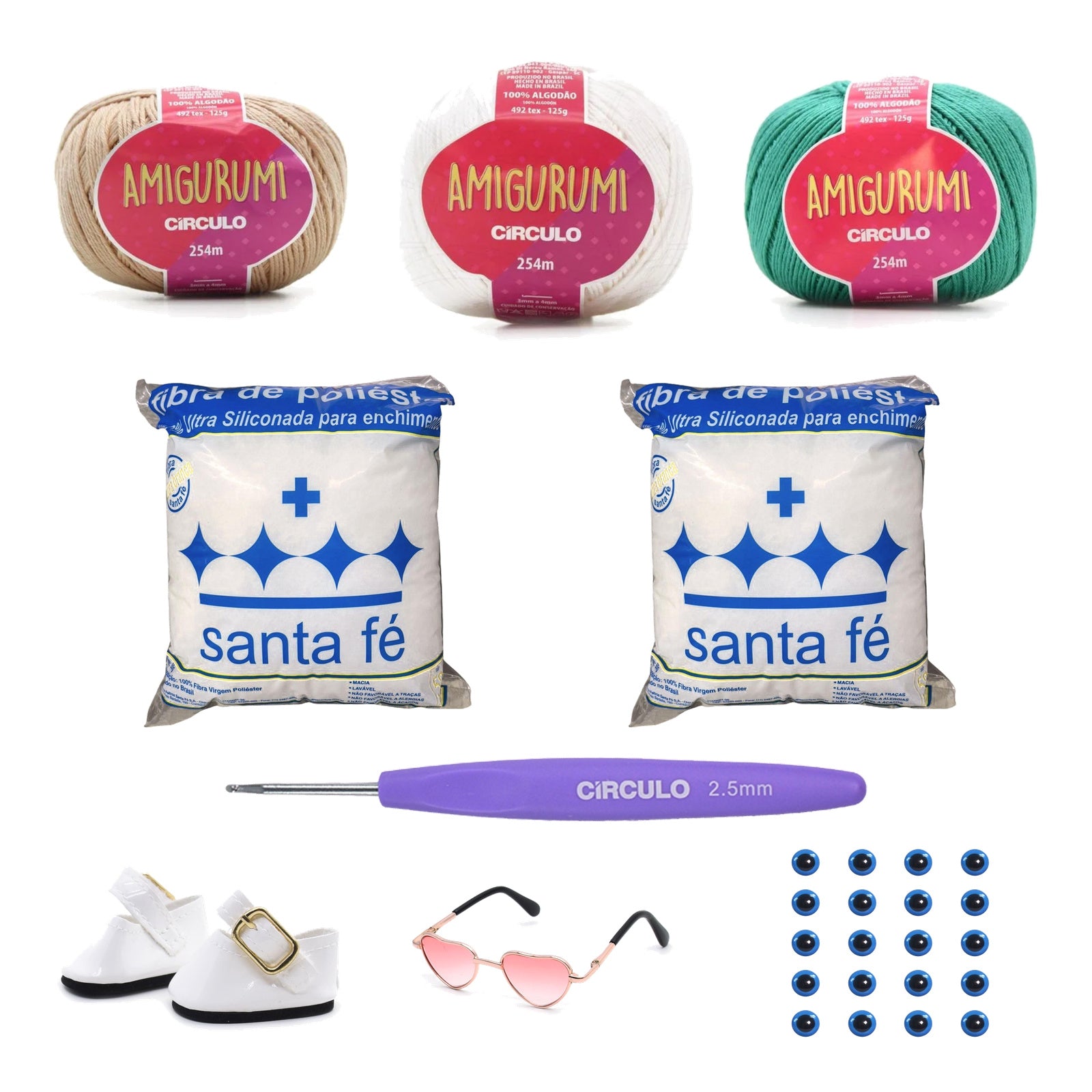 Kit Amigurumi 3 Novelos Porcelana, Branco e Tiffany 125g com Agulha Plástico Matte 2,5mm, Acessórios e Enchimento 100g